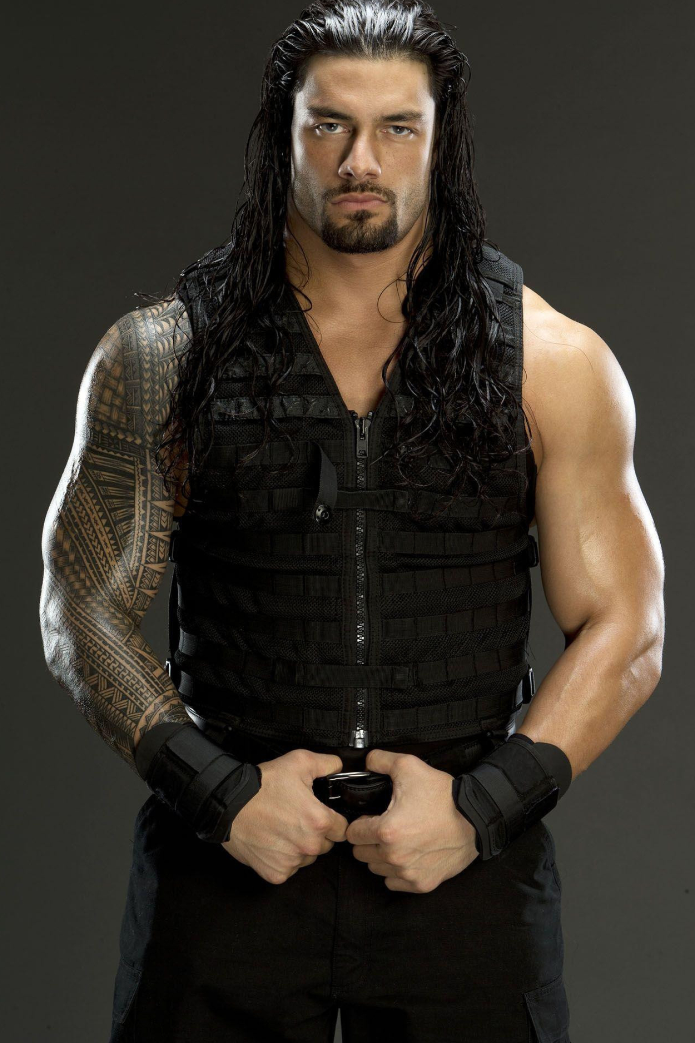 Roman Reigns, black tactical vest, Polynesian tribal tattoo, HD Phone wallpaper
