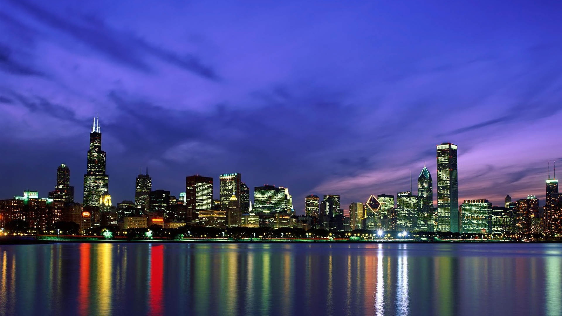 Chicago skyline, USA skyscrapers, Night, Illinois, 1920x1080 Full HD Desktop