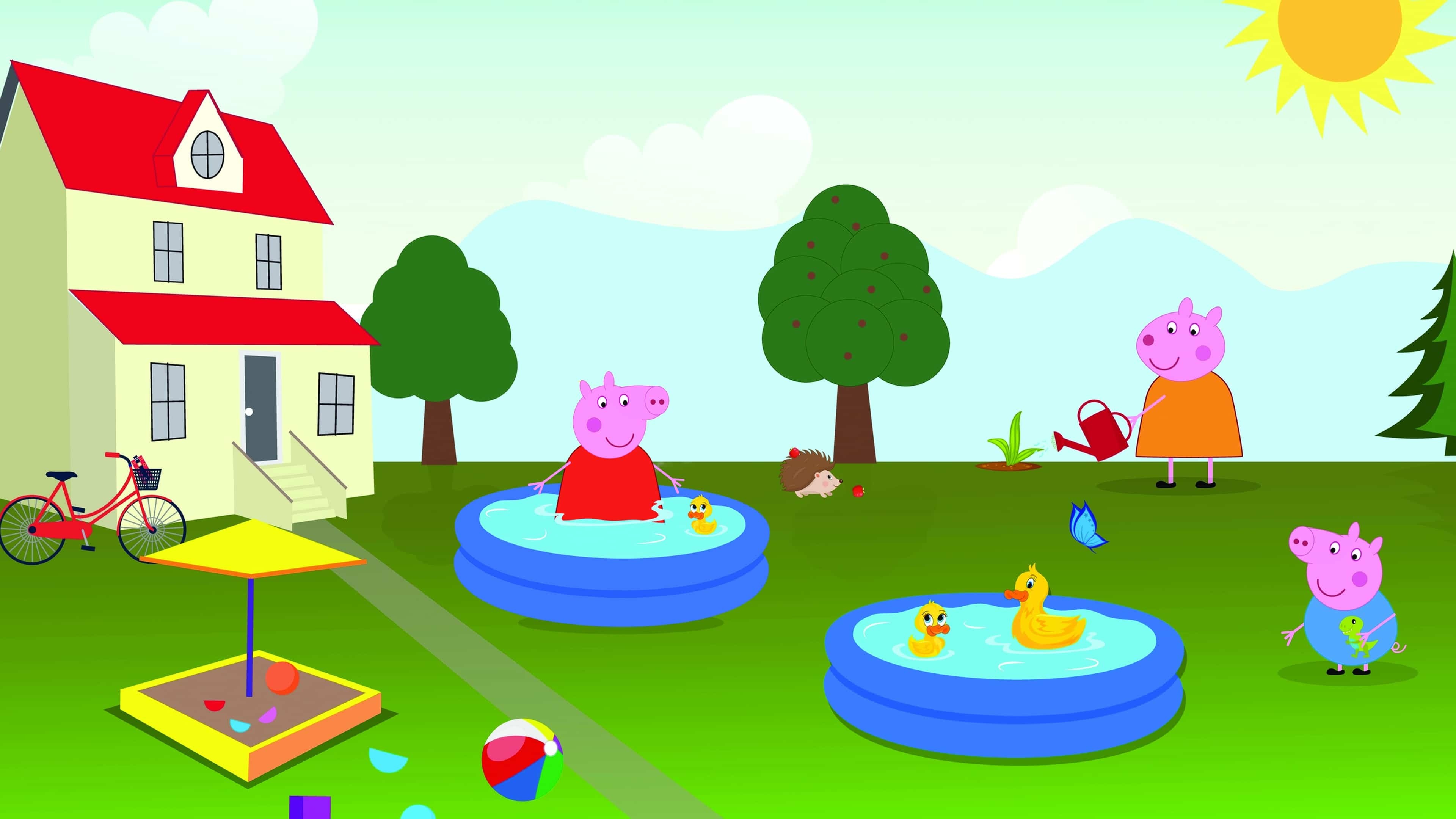 Peppa Pig in paddling pool, George Pig holding dinosaur, Mummy Pig with watering can, Peppa Pig family garden, 4K Desktop wallpaper