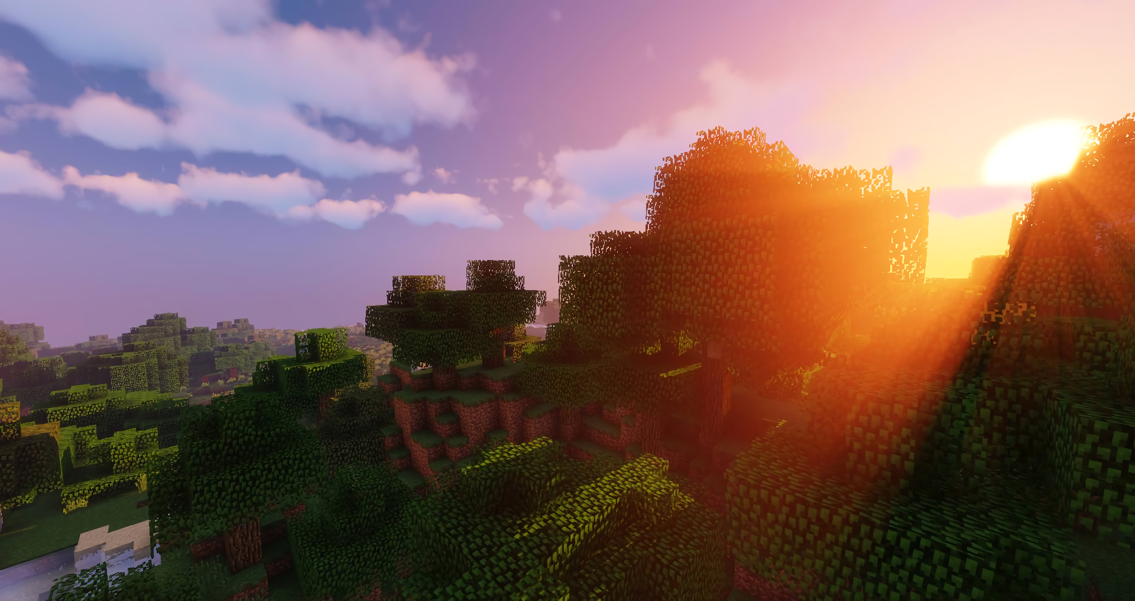 Minecraft oak forest, volumetric shader sunbeams, sunset sky with clouds, HD Desktop wallpaper