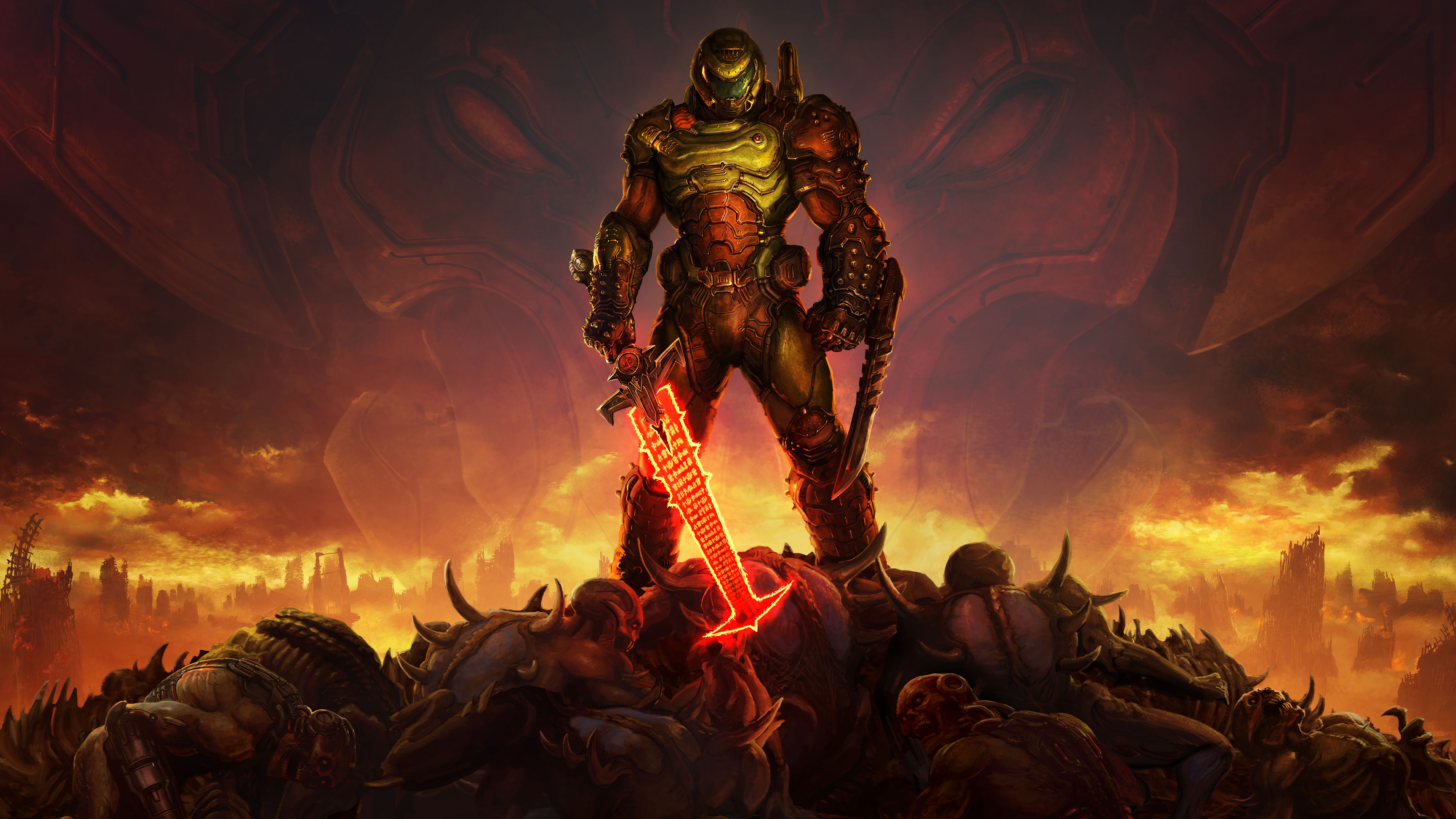 Doom Slayer, Crucible energy blade, Slain demon pile, 4K Desktop wallpaper