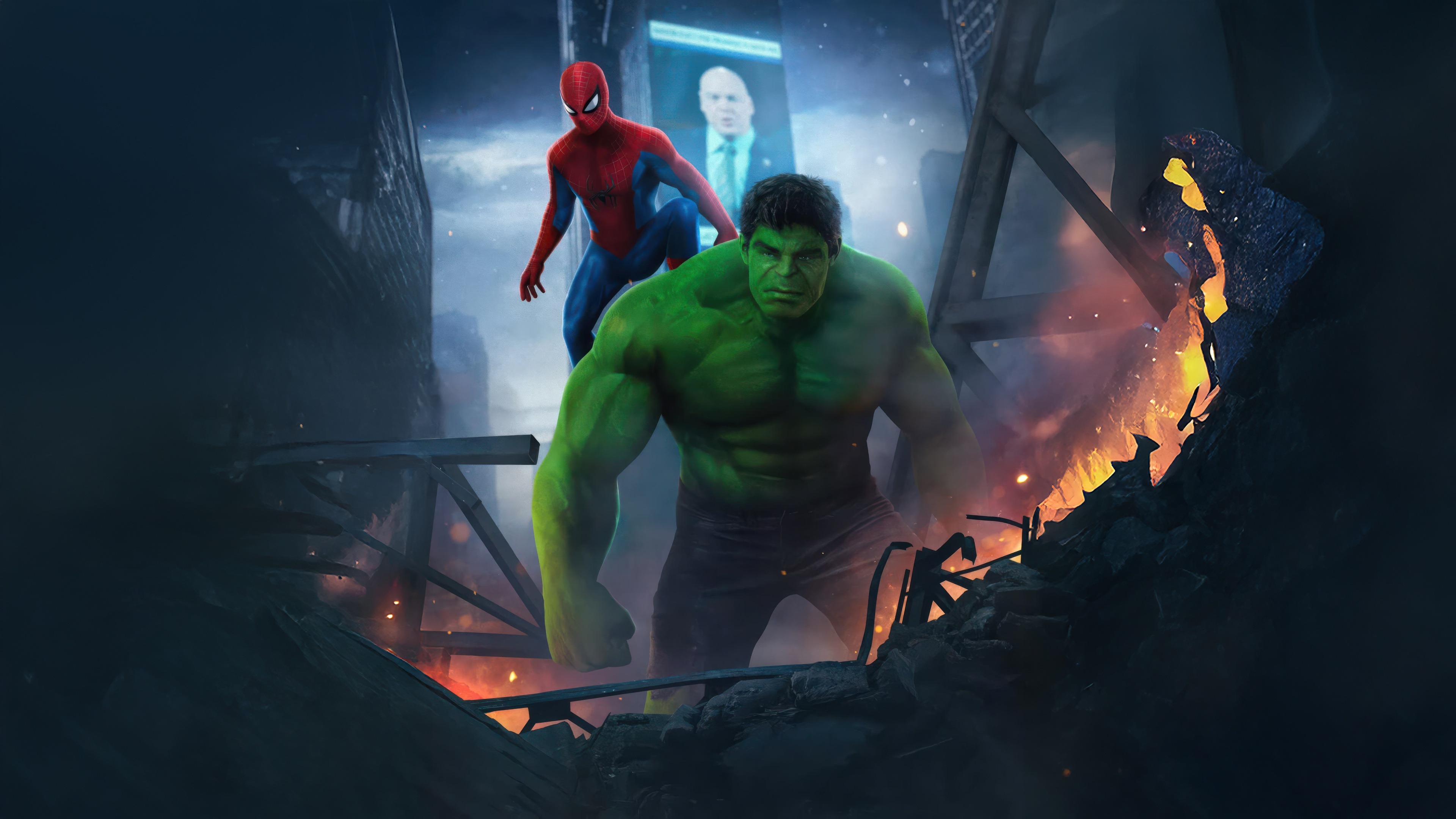 Brand New Day, Hulk, Spider-Man, Collapsed urban rubble, 4K Desktop wallpaper