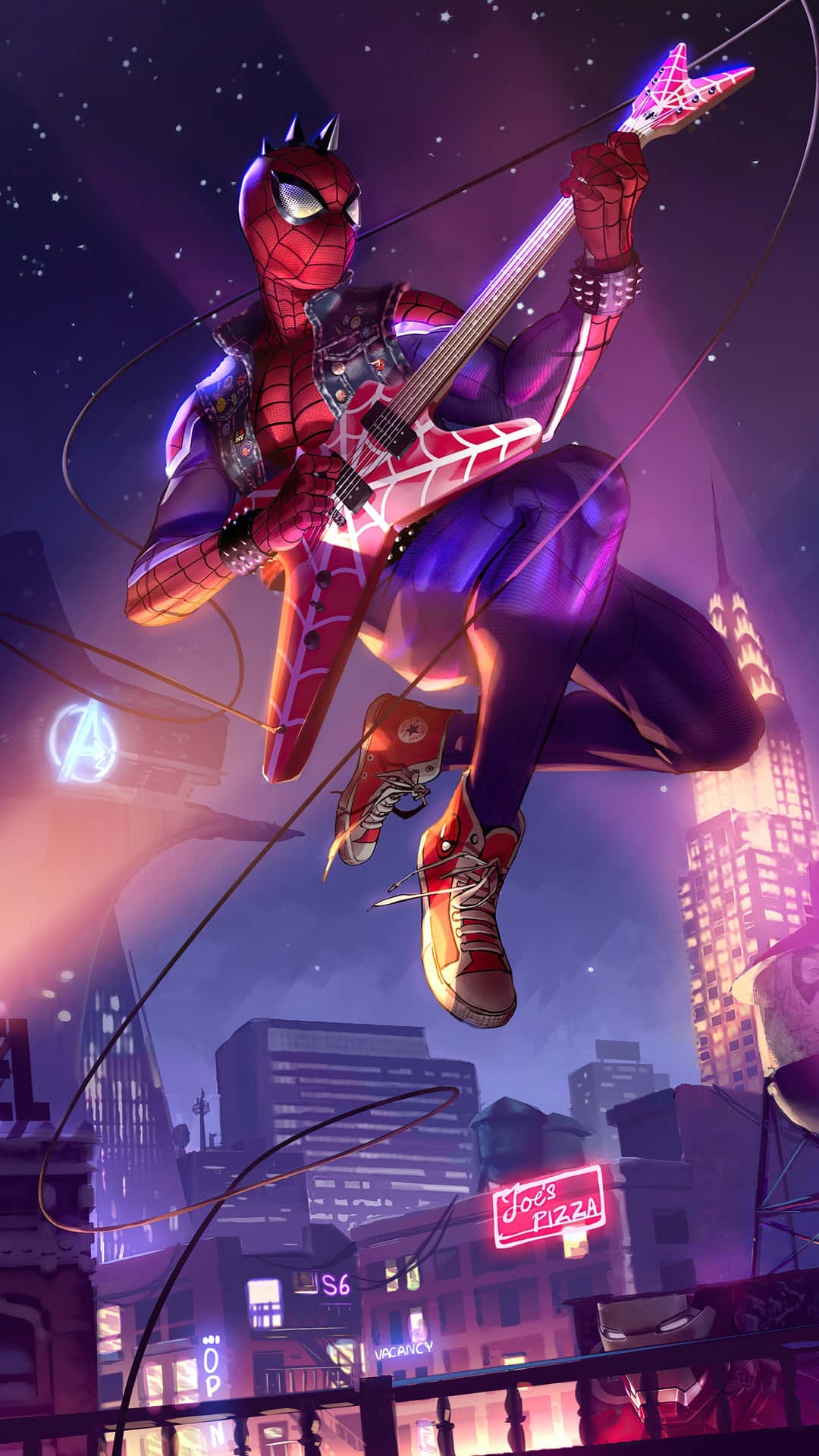 Spider-Punk (Hobie Brown), Purple neon cityscape, Spiked mask and vest, Mid-air guitar pose, Full HD Phone wallpaper