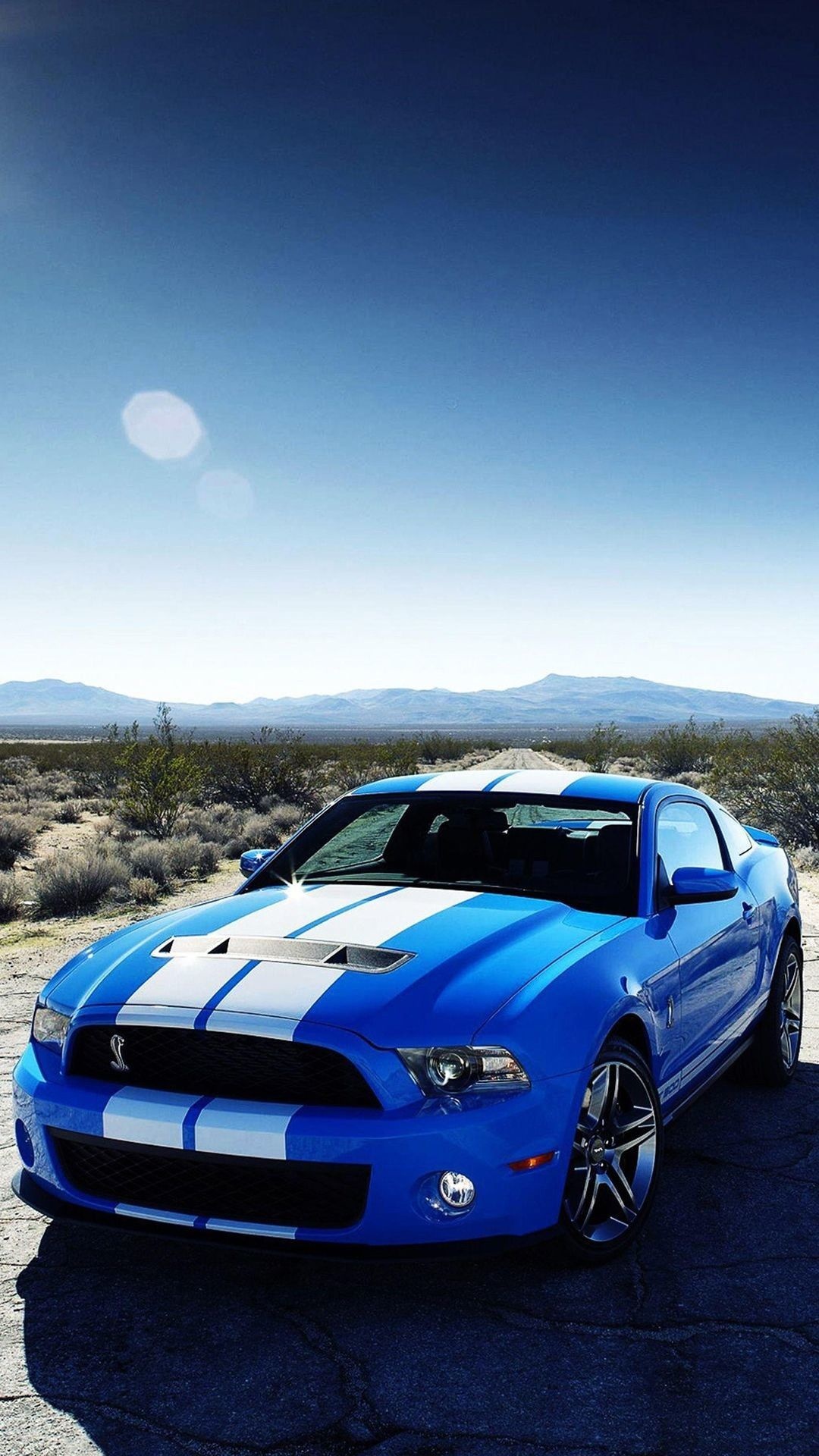 Ford Mustang Shelby GT500, white racing stripes, desert highway, Full HD Phone wallpaper