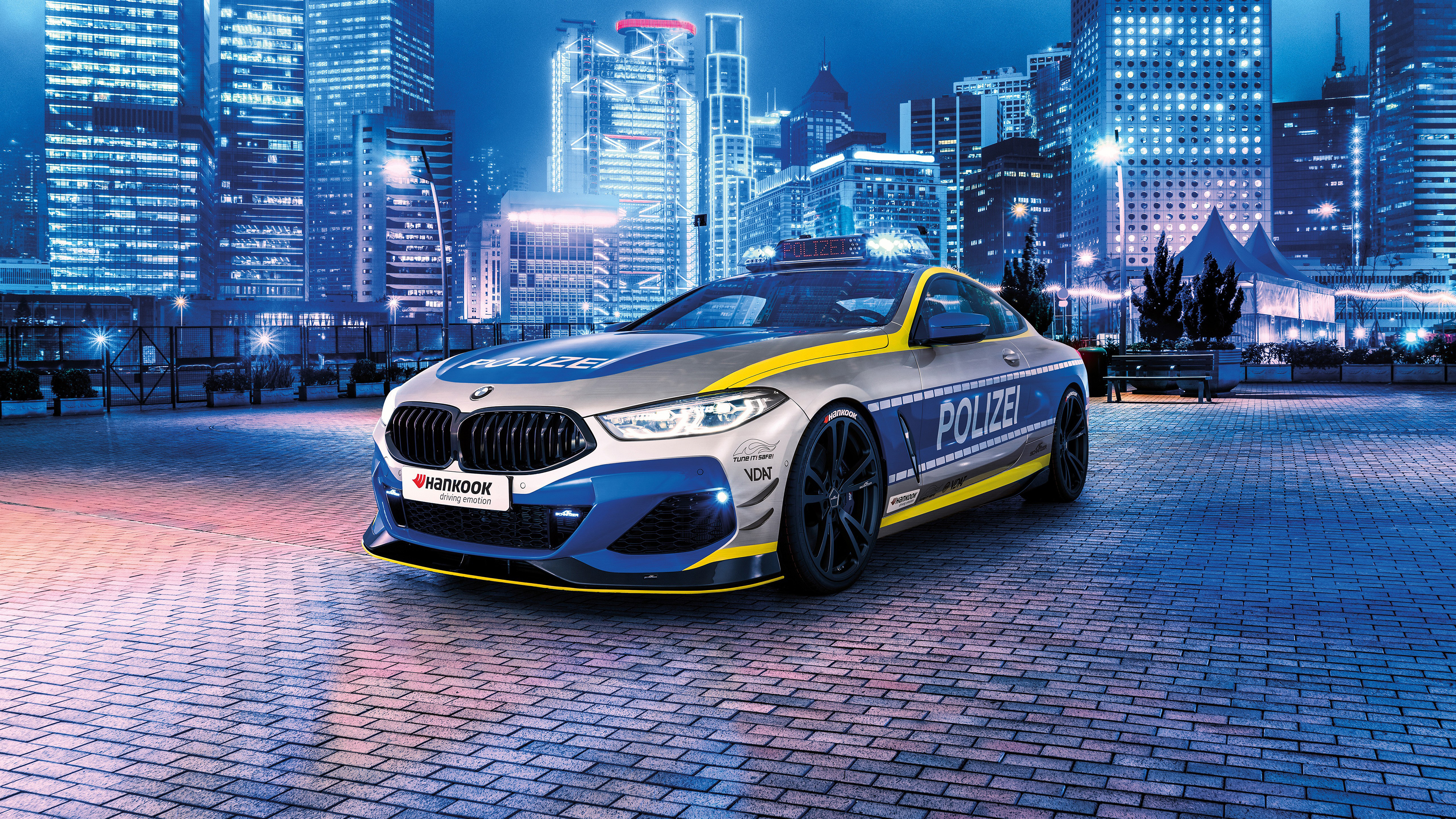 AC Schnitzer BMW 8 Series Polizei, Illuminated city skyline at night, Paved plaza ground, 4K Desktop wallpaper