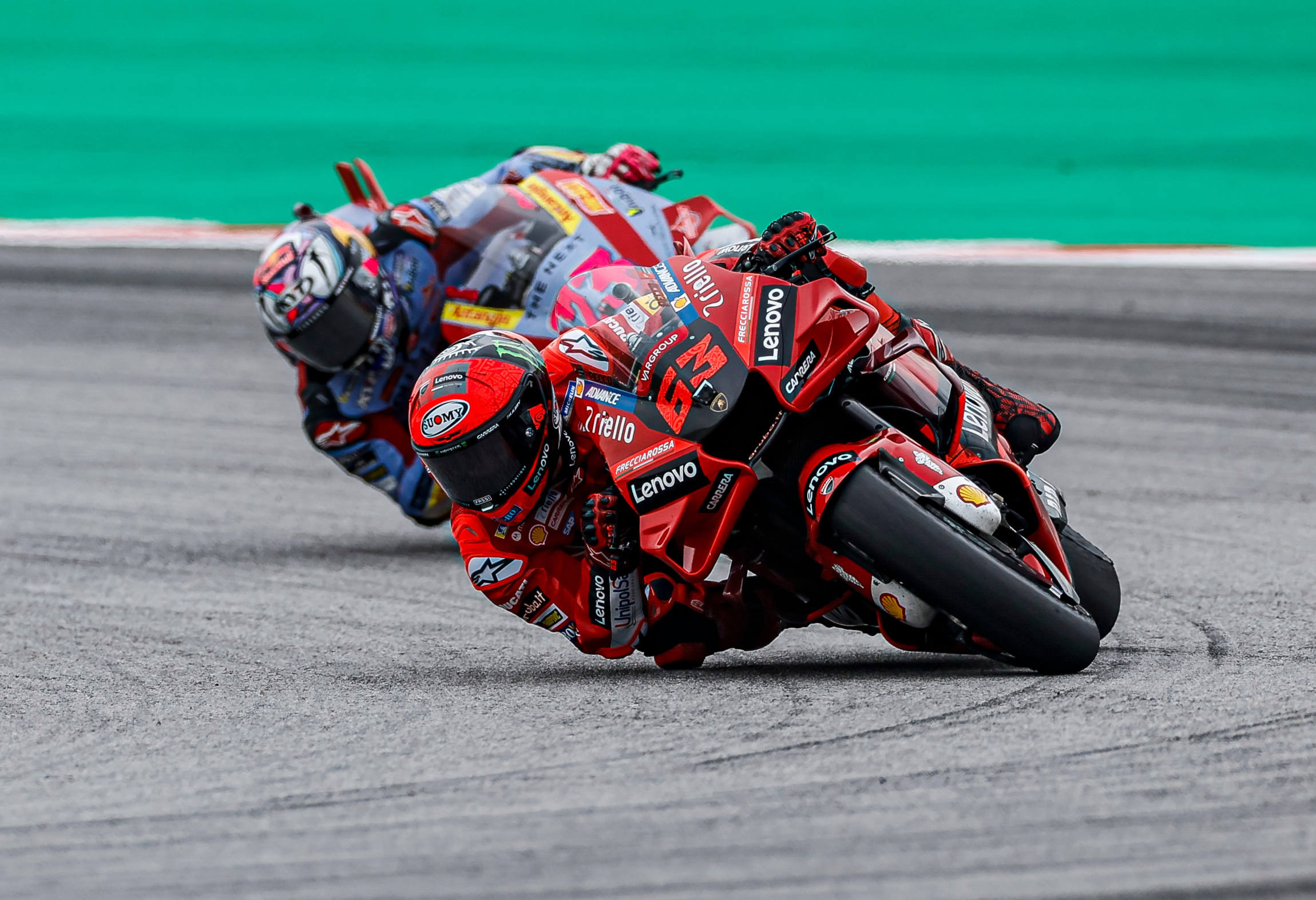 Francesco Bagnaia number 63, Ducati Lenovo Desmosedici GP, White Ducati chasing close, MotoGP corner green runoff, HD Desktop wallpaper