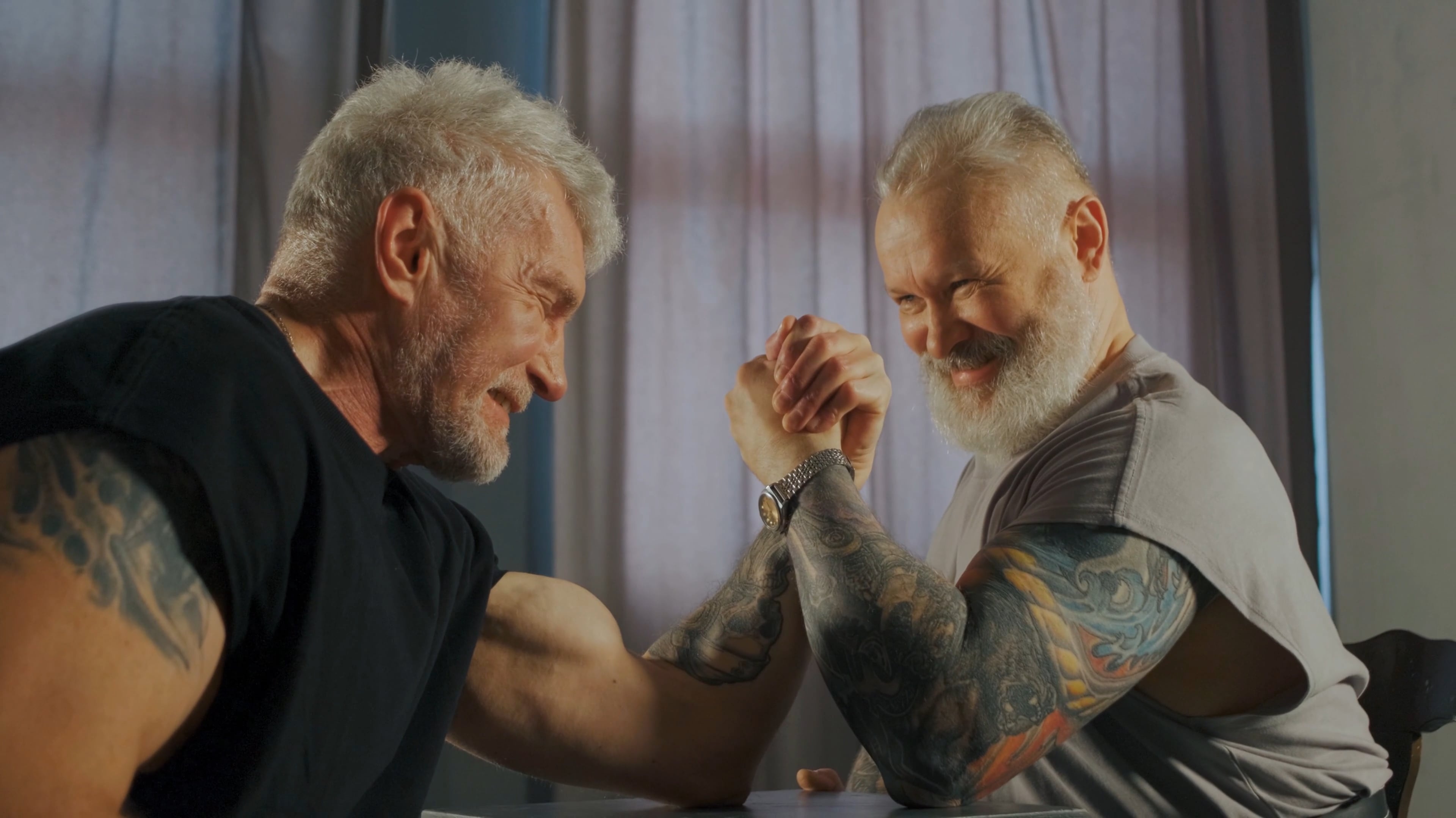 Elderly arm wrestlers, Friendly match, Inspiring video, Active aging, 3840x2160 4K Desktop