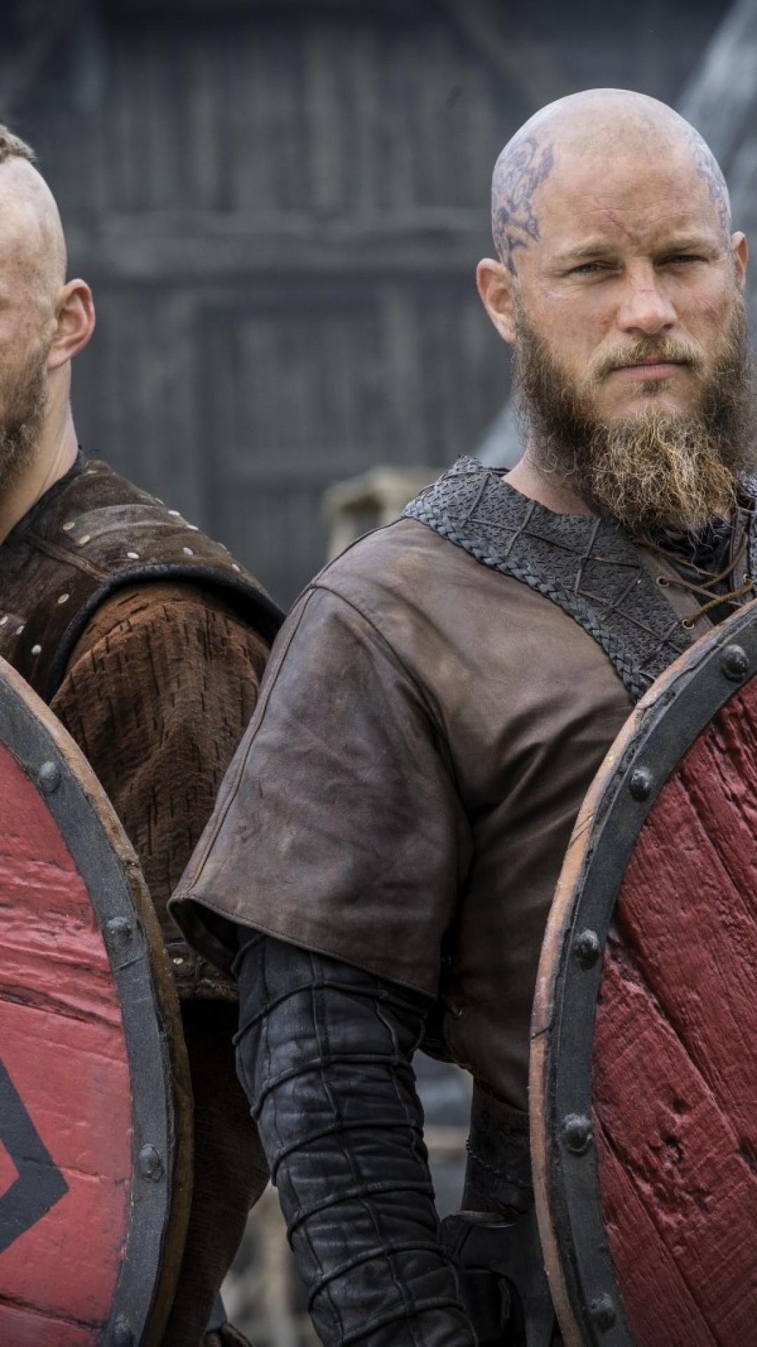Ragnar Lothbrok, Travis Fimmel, red Viking round shield, Full HD Phone wallpaper