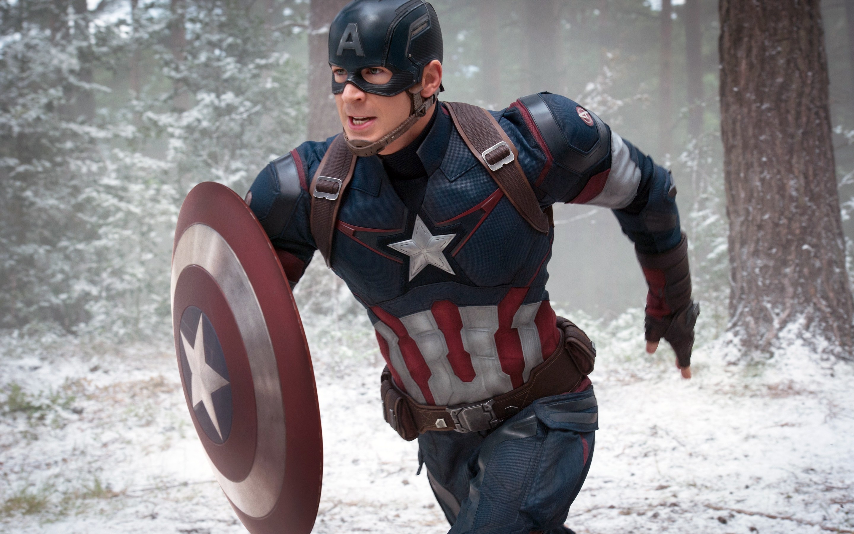Captain America Chris Evans, Captain America shield, snowy pine forest, HD Desktop wallpaper