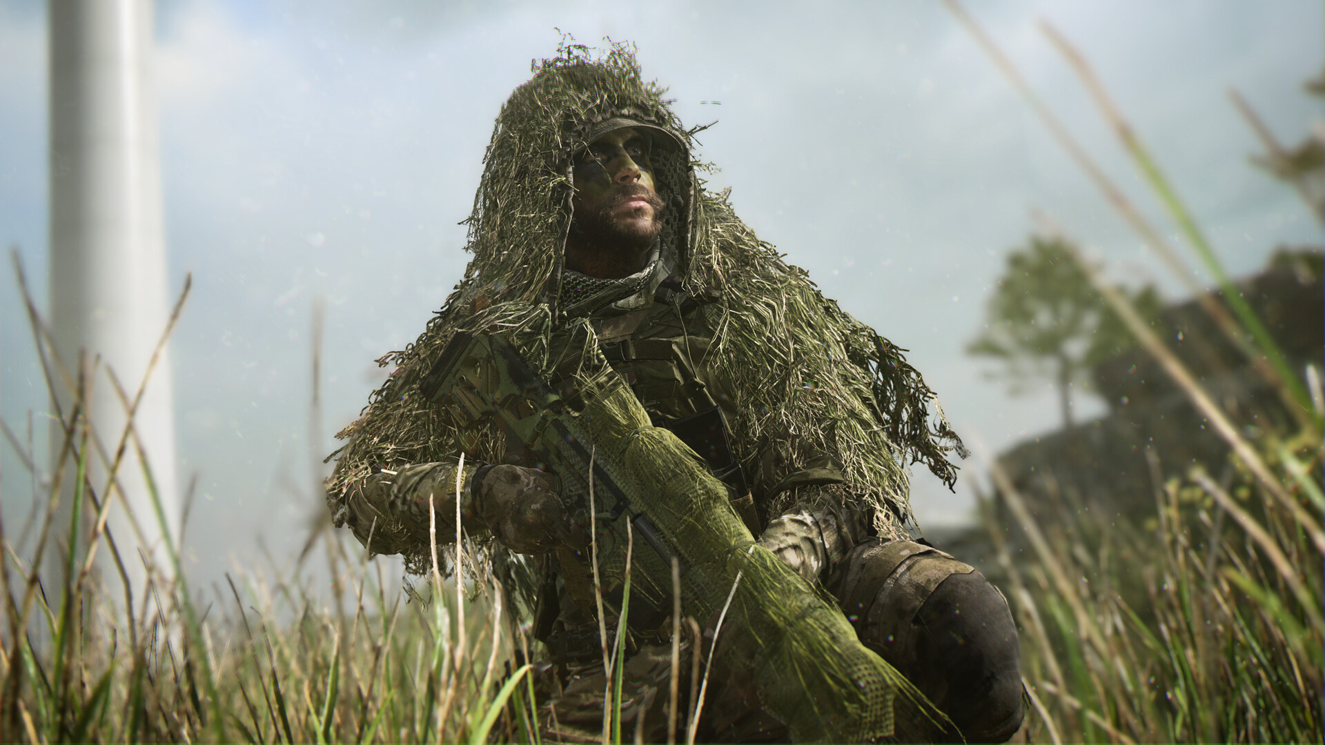 Captain Price ghillie suit, Call of Duty Modern Warfare II, Camouflaged sniper rifle, Full HD Desktop wallpaper