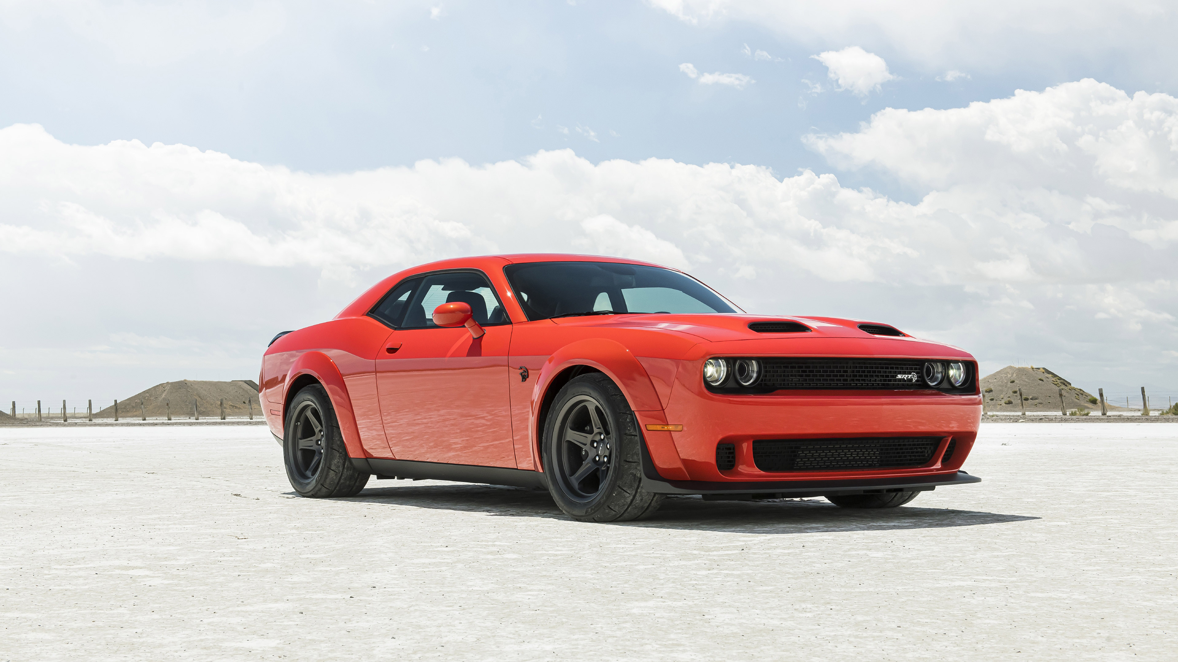 Dodge Challenger SRT Super Stock, Bonneville Salt Flats, Go Mango orange paint, 4K Desktop wallpaper