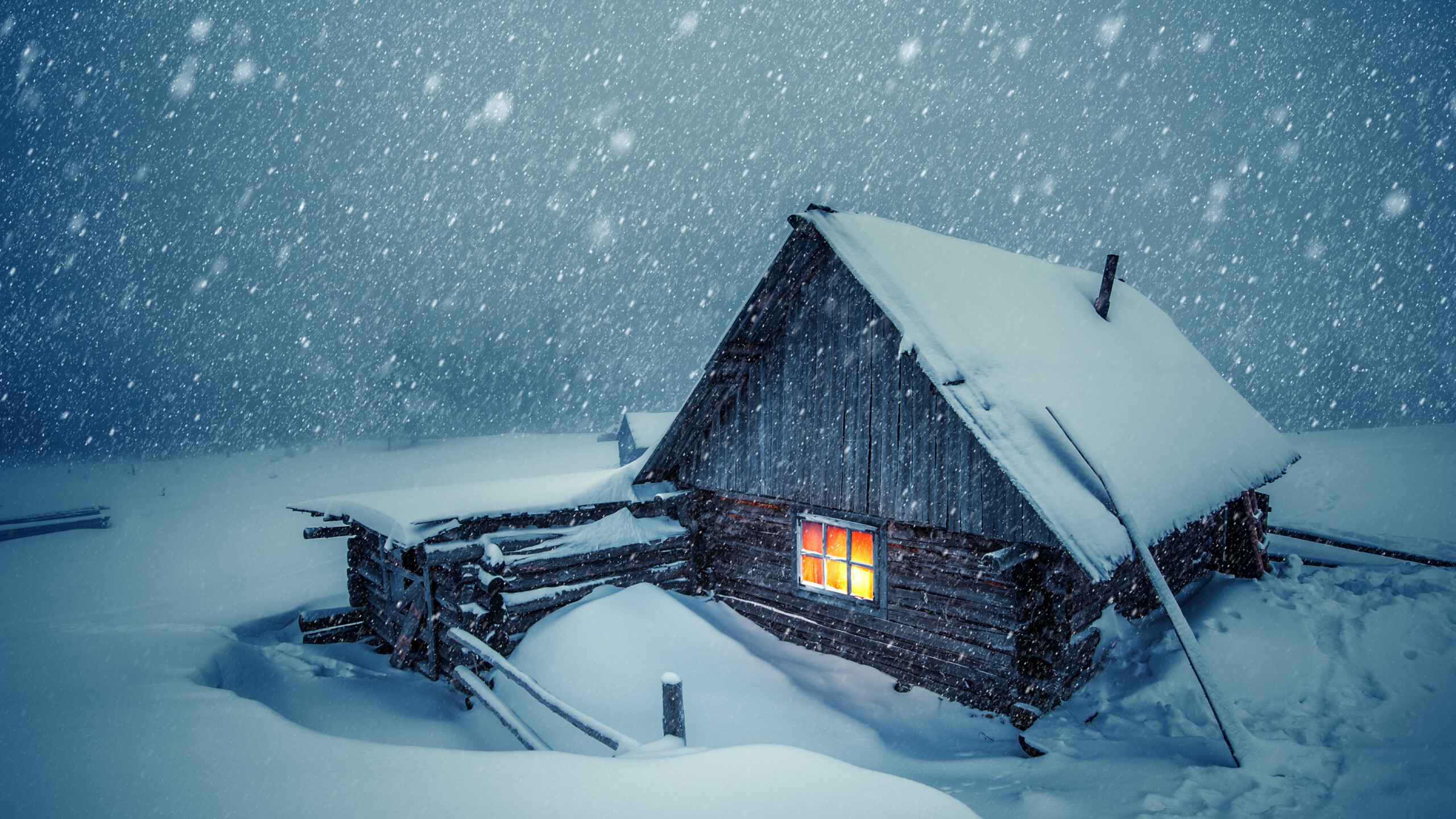 Festive winter scene, Snow-covered home, Layer of snow, Dual-wide wallpaper, 2560x1440 HD Desktop