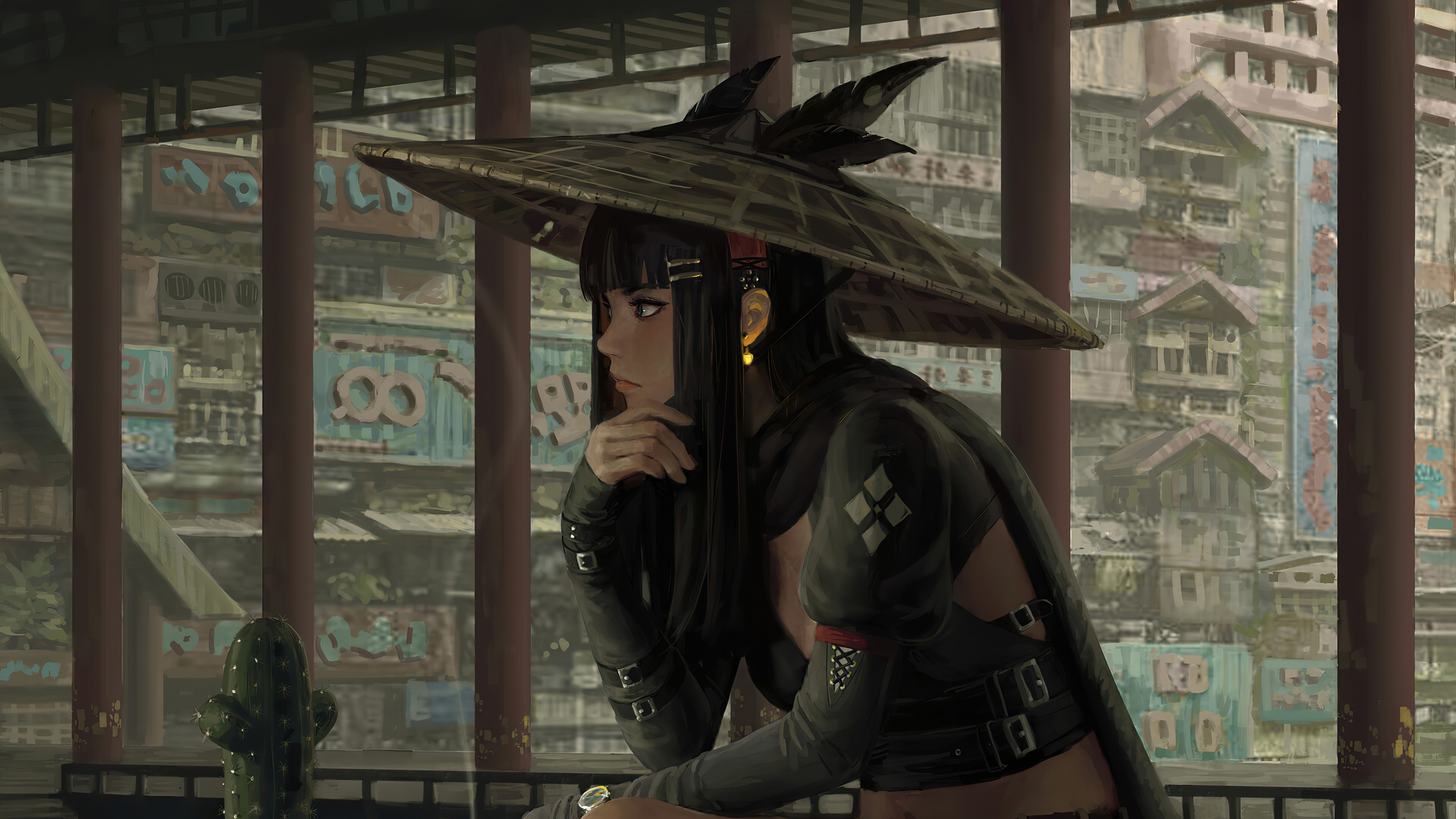 Cyberpunk samurai girl, Feathered conical hat, Urban dystopian streetscape, 4K Desktop wallpaper
