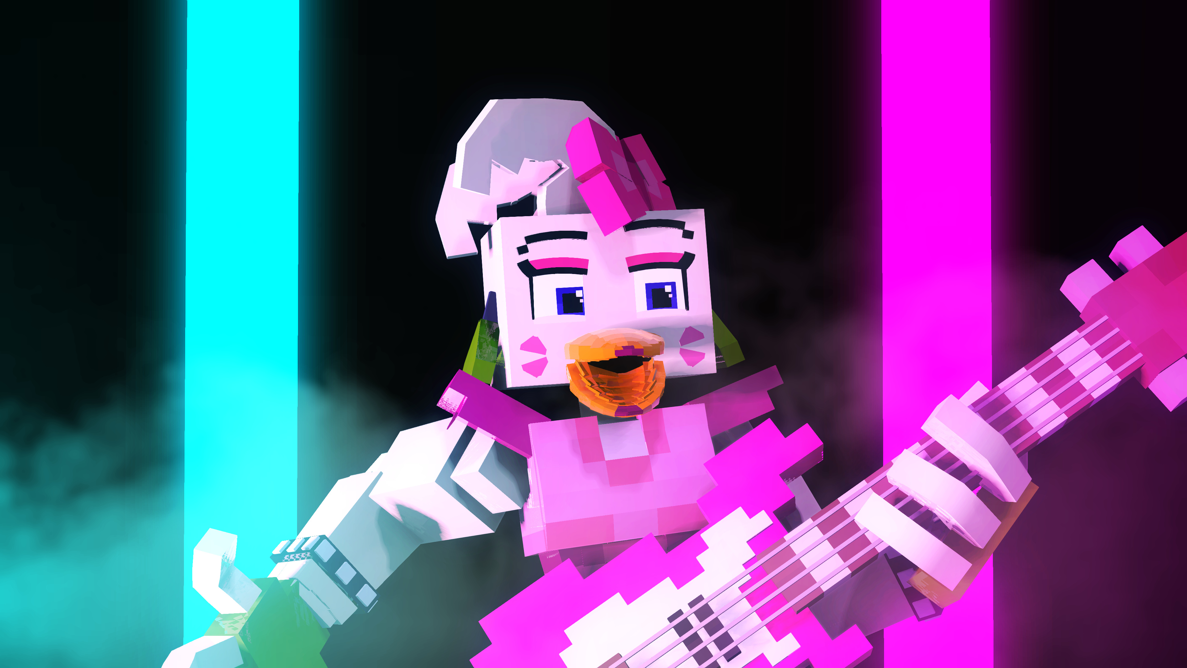 Glamrock Chica, Blocky pink guitar, Neon stage lights, 4K Desktop wallpaper
