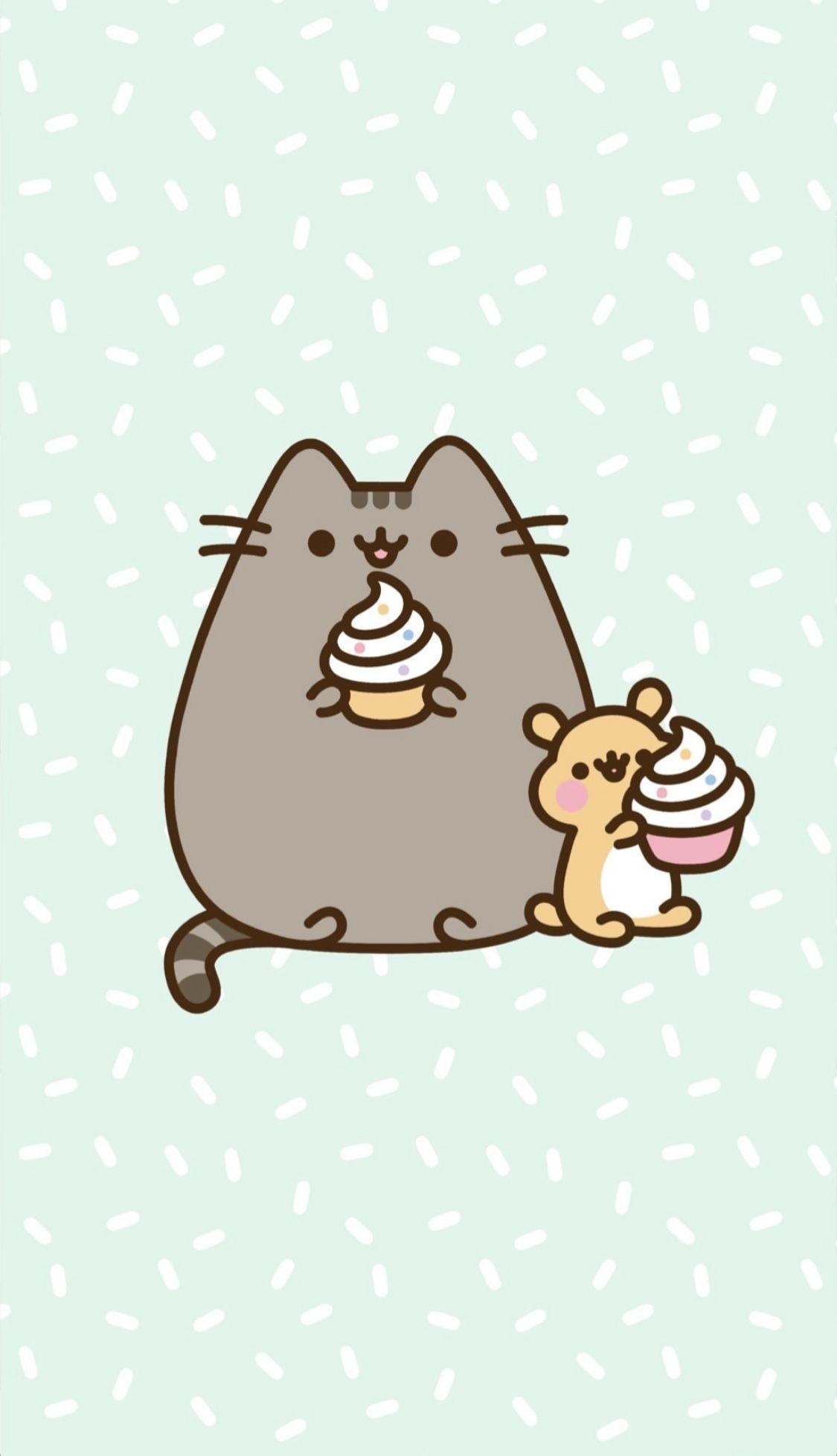 Pusheen holding cupcake, Cheek the hamster, Mint sprinkle pattern, HD Phone wallpaper