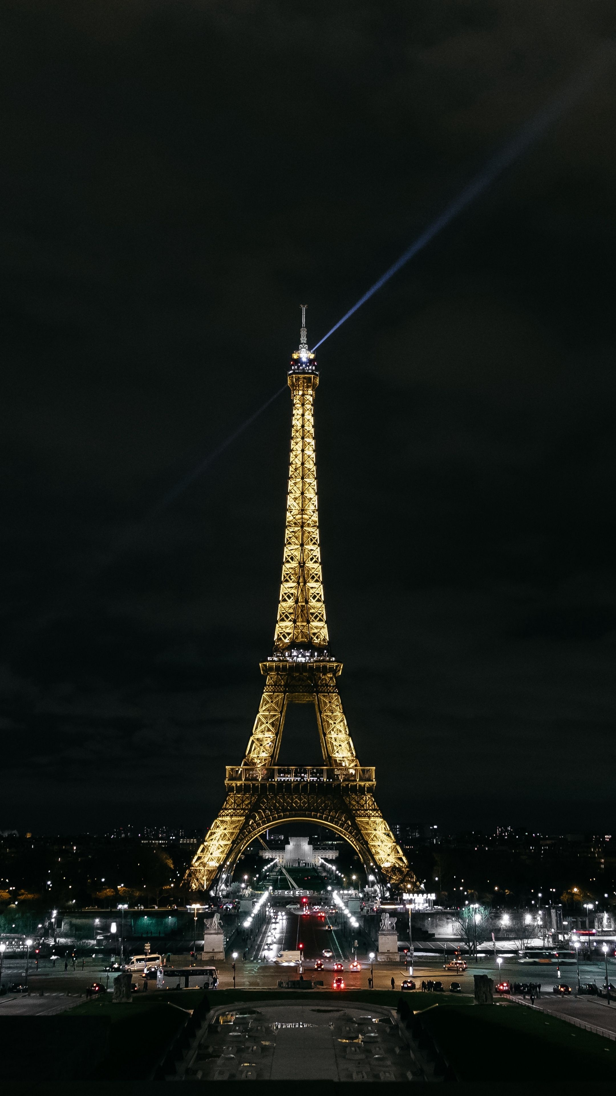 Eiffel Tower, searchlight beam, Paris night cityscape, 4K Phone wallpaper