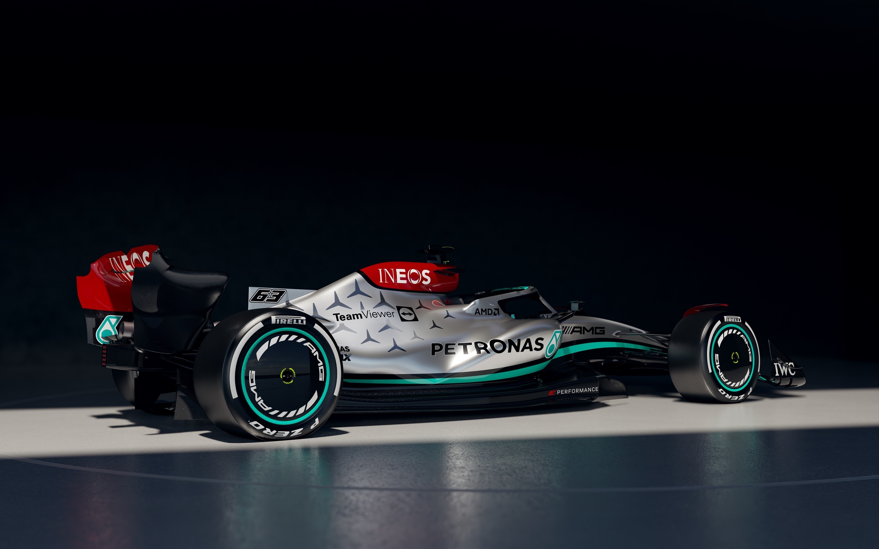 Mercedes-AMG F1 W13 E Performance, George Russell 63 livery, Dark studio showroom floor, HD Desktop wallpaper