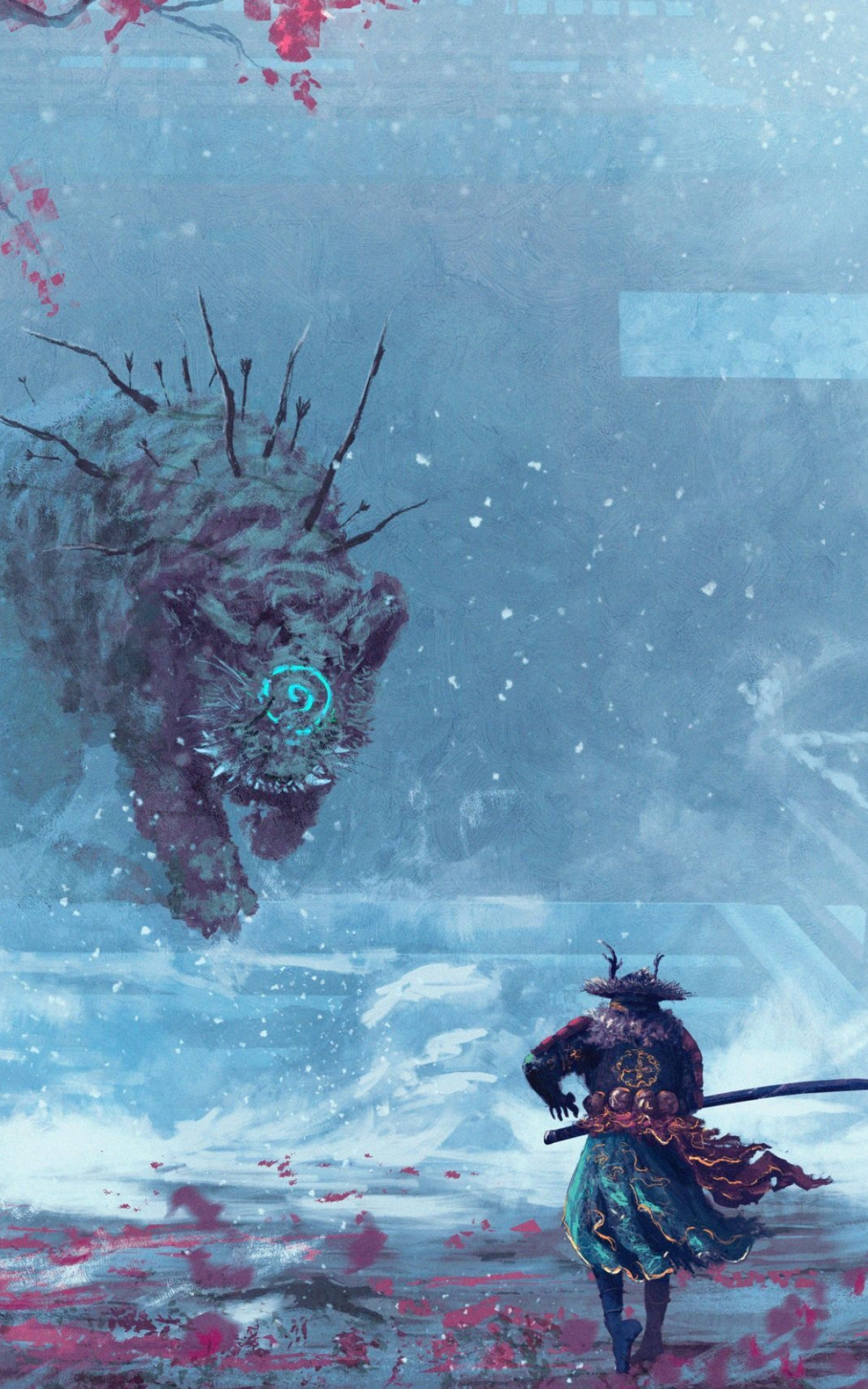 giant arrow-pierced yokai beast, samurai warrior with katana, snowy blizzard landscape, HD Phone wallpaper