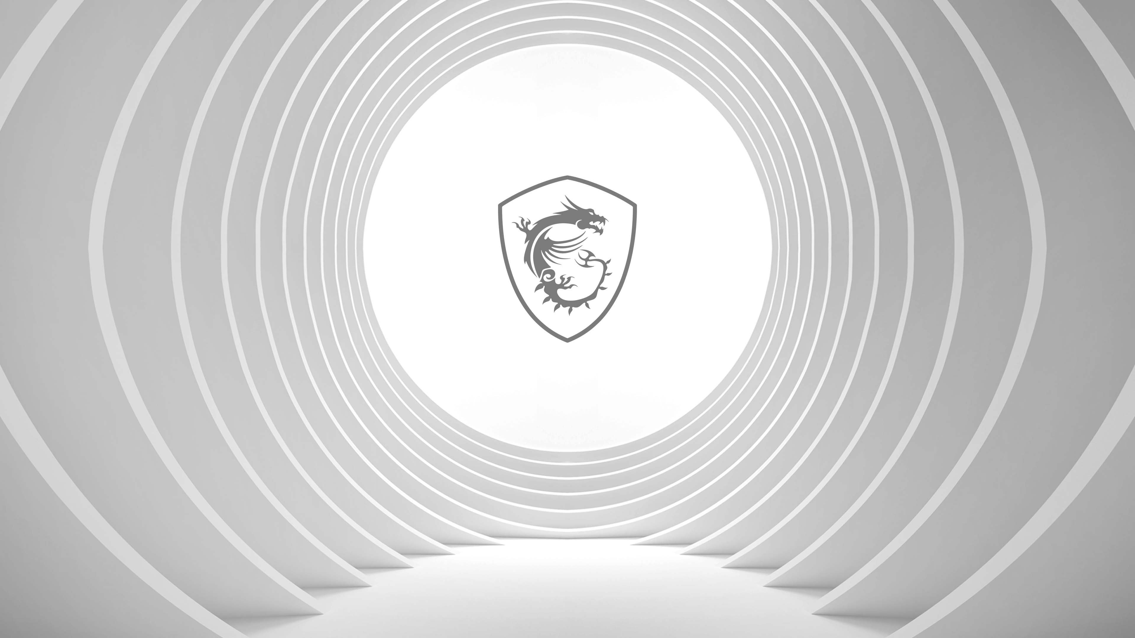 MSI dragon shield logo, white concentric circular tunnel, futuristic minimalist interior, 4K Desktop wallpaper