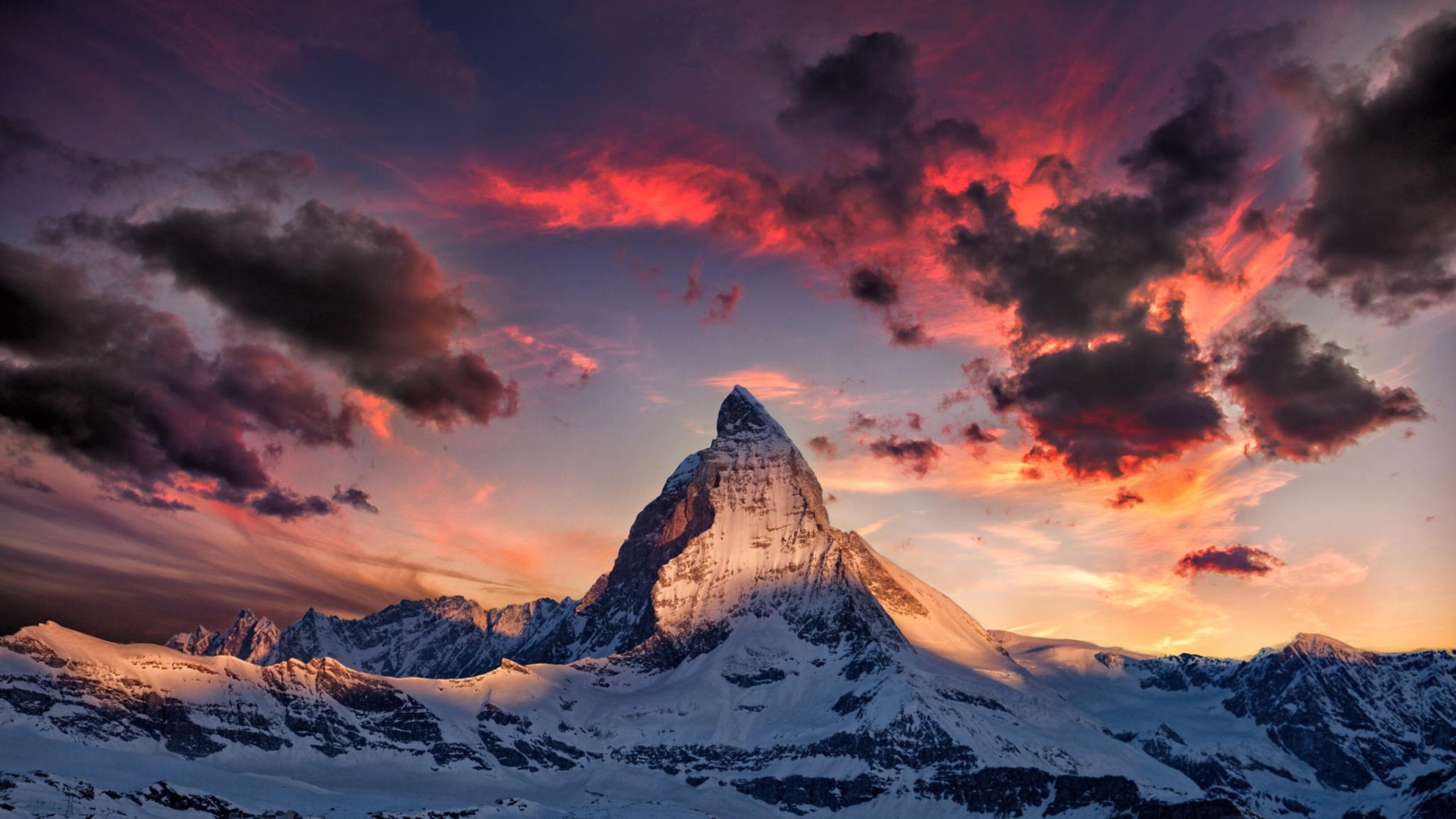Matterhorn mountain peak, Swiss Alps snow ridge, Crimson sunset clouds, 4K Desktop wallpaper