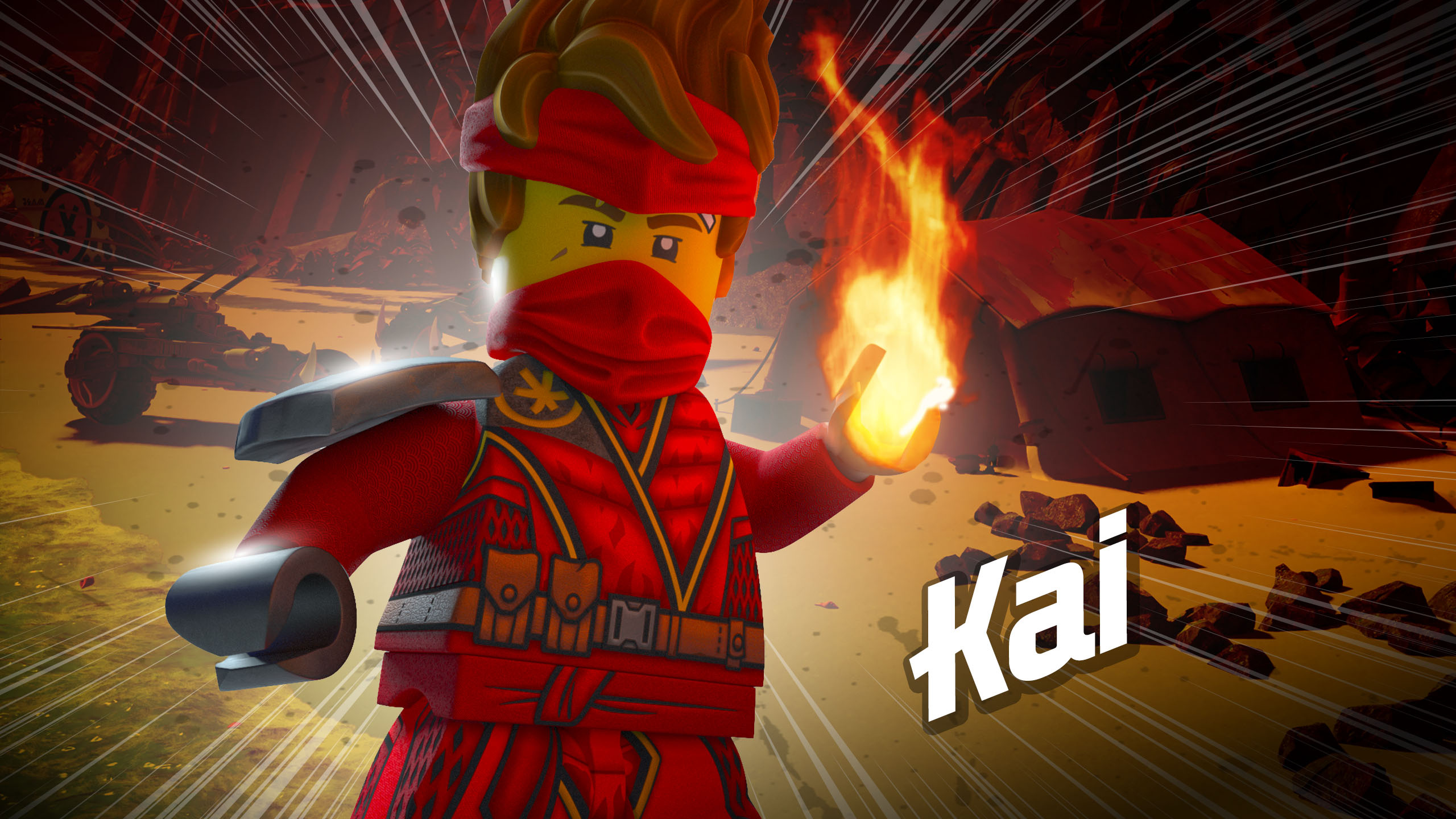 Kai the fire ninja, Fireball in bare hand, Ninjago desert wreckage, HD Desktop wallpaper