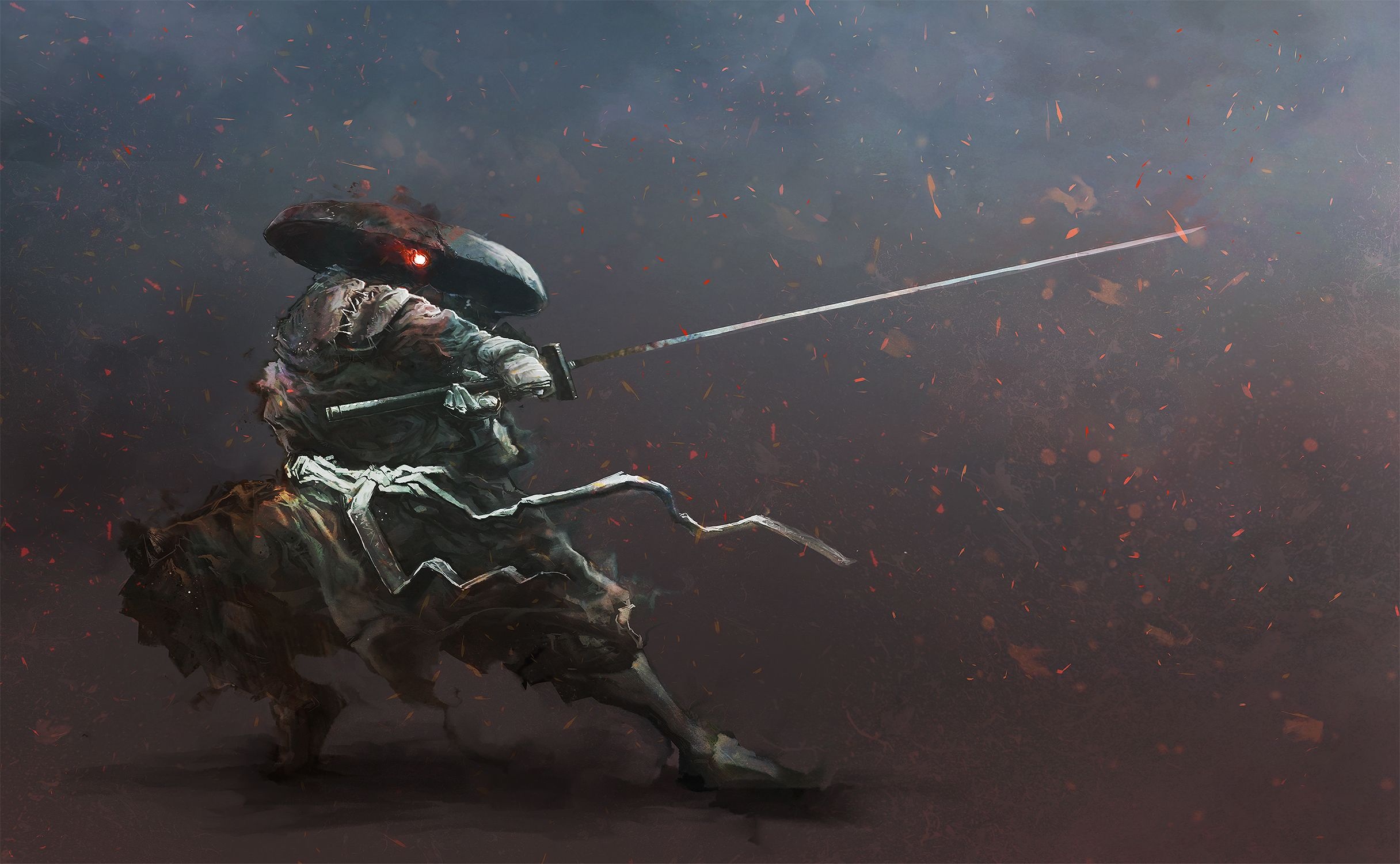 red-eyed cyborg samurai, drawn katana blade, wide conical kasa hat, HD Desktop wallpaper