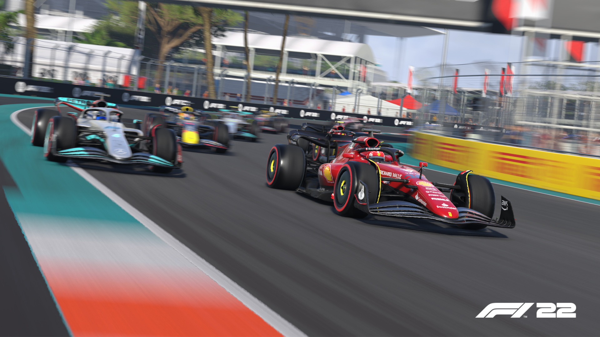 Ferrari F1-75 racing car, Mercedes-AMG F1 W13, Miami International Autodrome, F1 22 video game, Full HD Desktop wallpaper