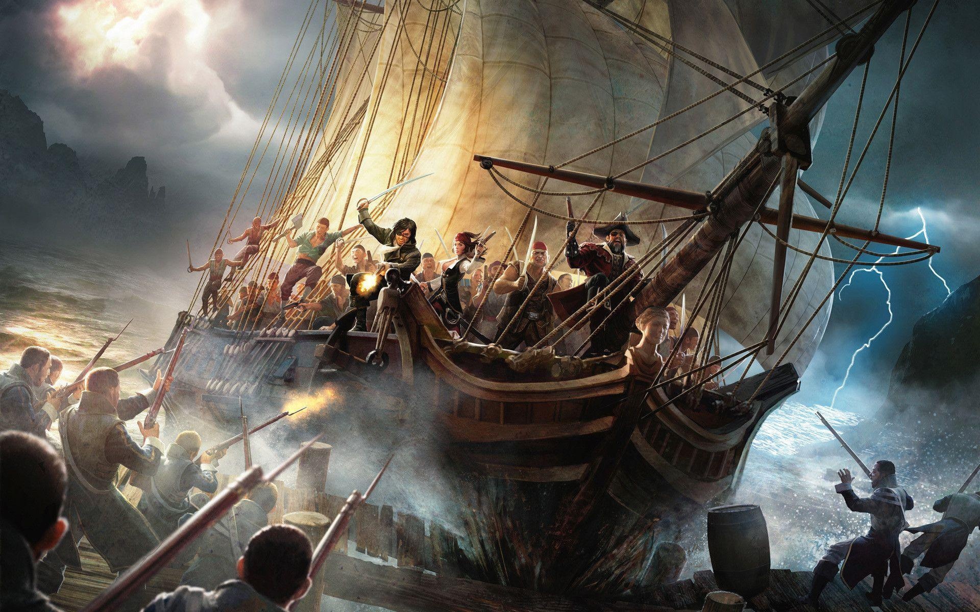 Assassin's Creed IV: Black Flag, Pirate ship boarding battle, Colonial soldiers firing muskets, HD Desktop wallpaper