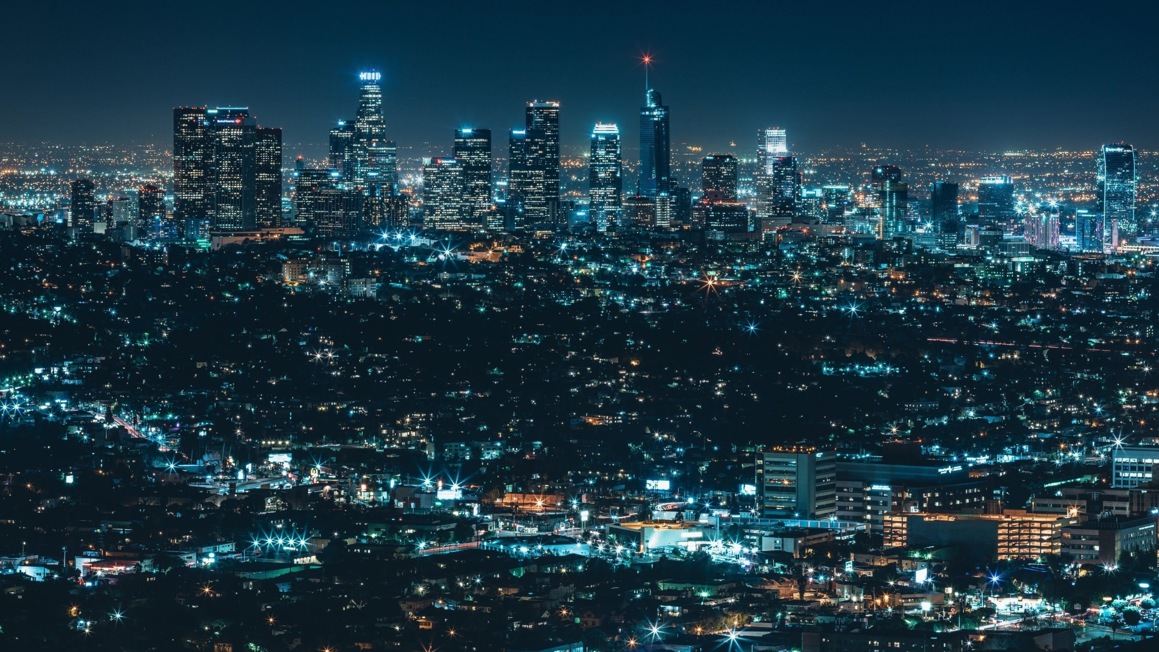 Downtown Los Angeles skyline, Wilshire Grand Center, illuminated urban sprawl, 4K Desktop wallpaper