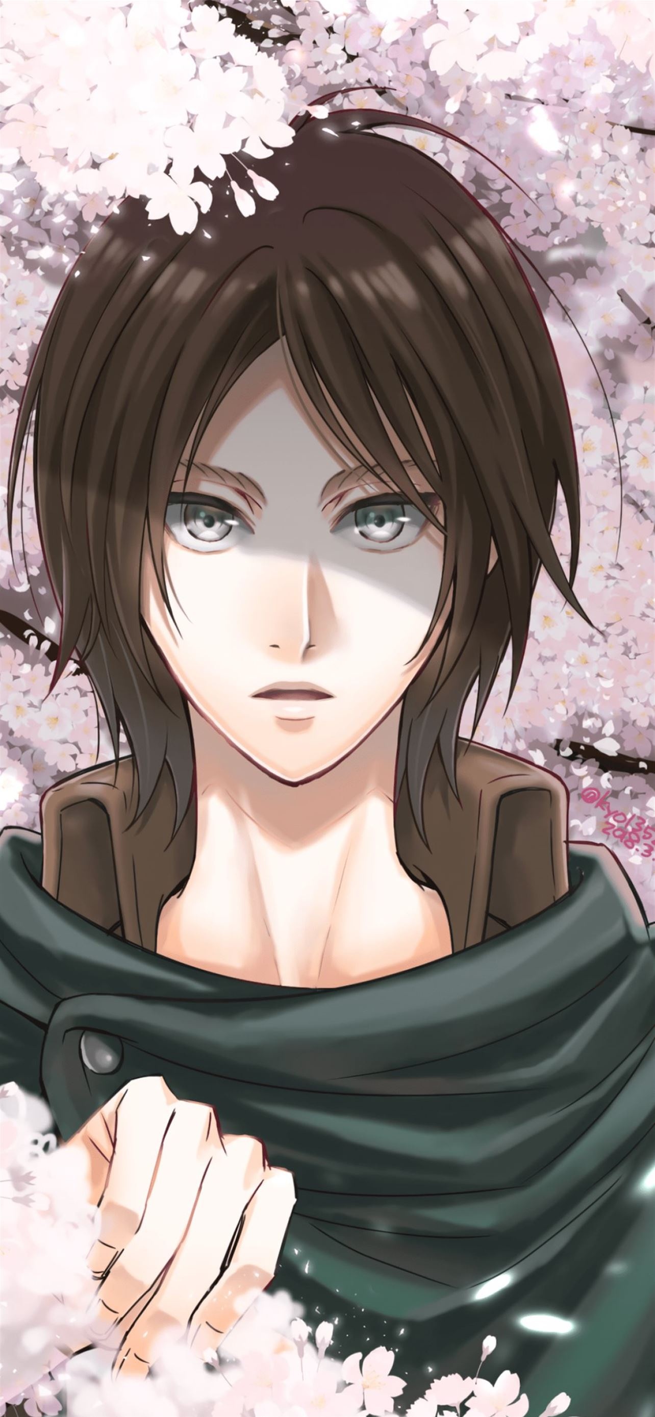 Eren Yeager, Survey Corps cloak, blooming cherry blossoms, HD Phone wallpaper