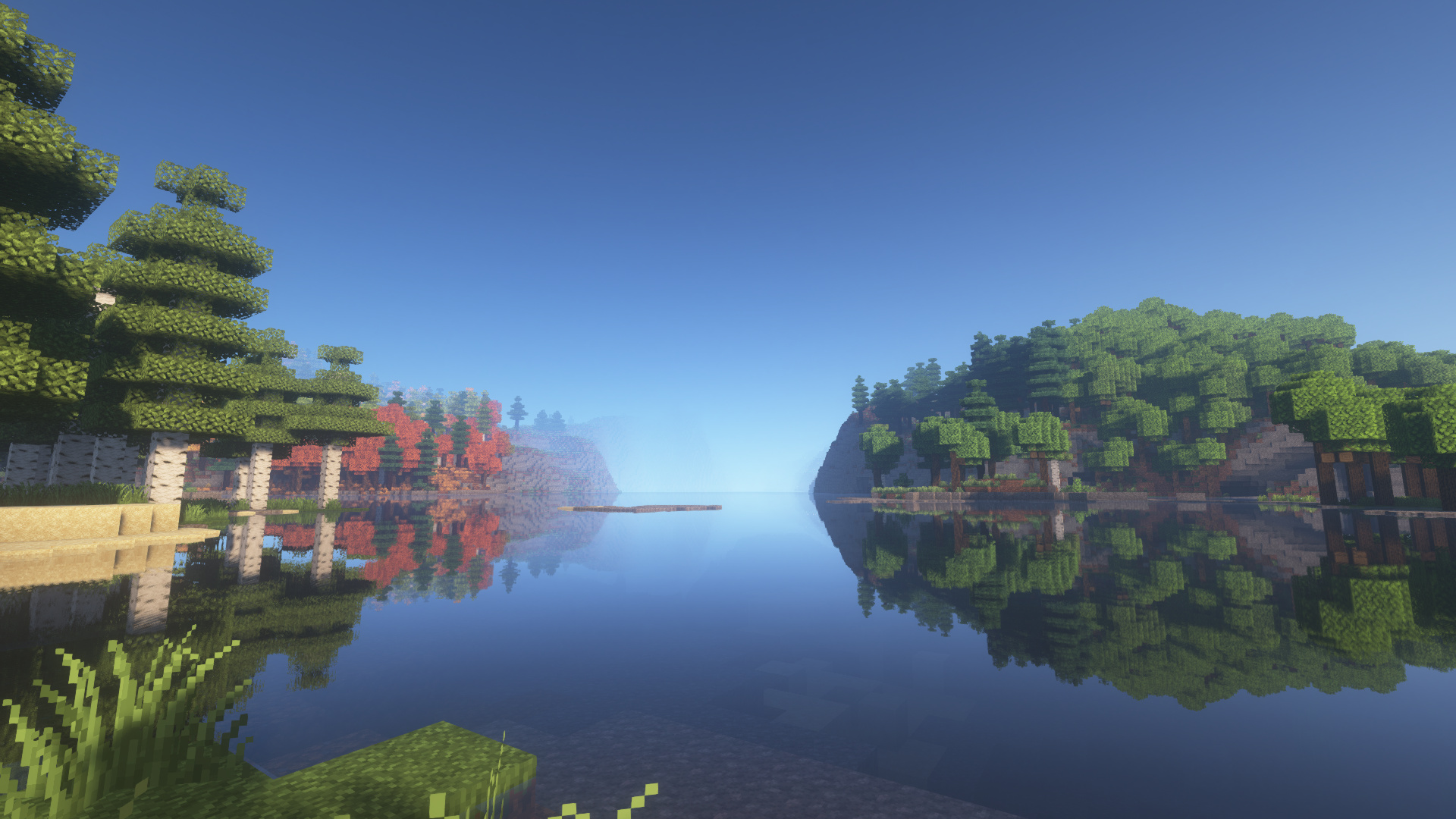 Minecraft shaders, reflective lake water, blocky forest shoreline, Full HD Desktop wallpaper