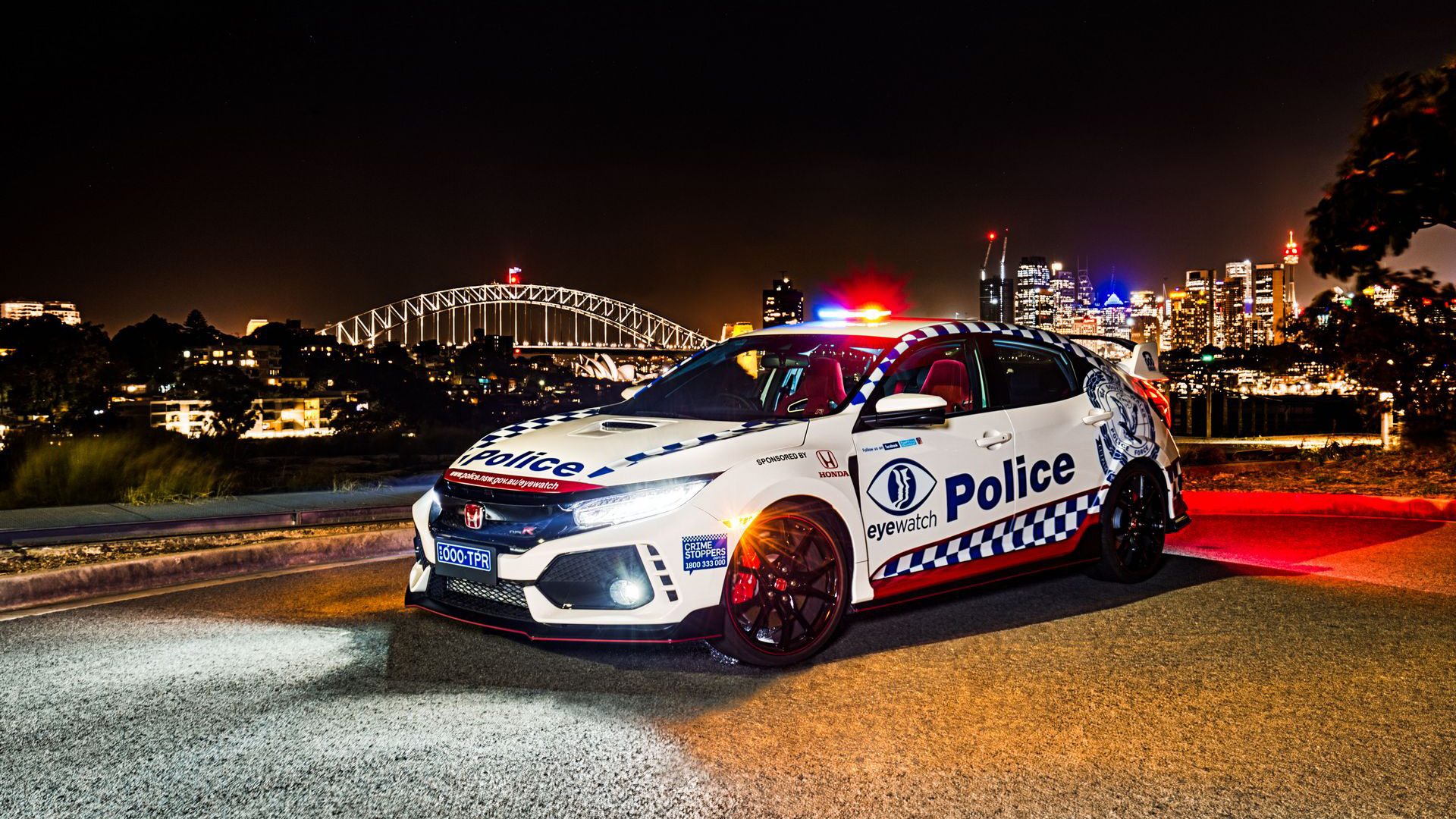 NSW Police Honda Civic Type R, Sydney Harbour Bridge, Sydney skyline at night, Full HD Desktop wallpaper