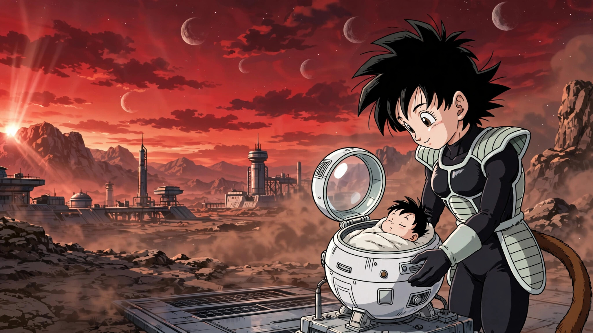 Gine, Saiyan battle armor, Baby Kakarot in space pod, Planet Vegeta, Crimson sky, Launch pad at dusk, Dragon Ball Super: Broly, HD Desktop wallpaper