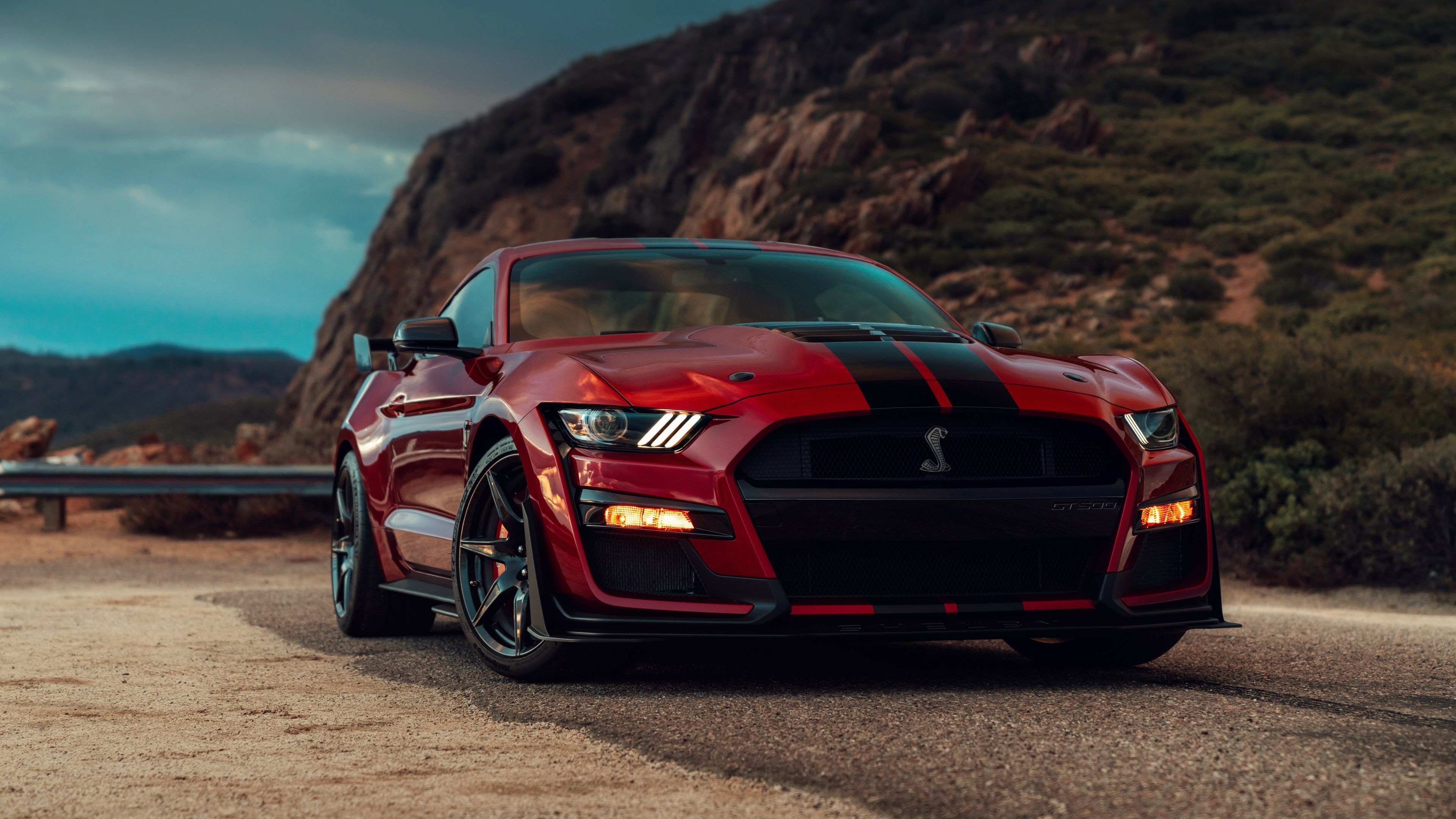 Ford Mustang Shelby GT500, Shelby Cobra emblem, Mountain roadside overlook, 4K Desktop wallpaper
