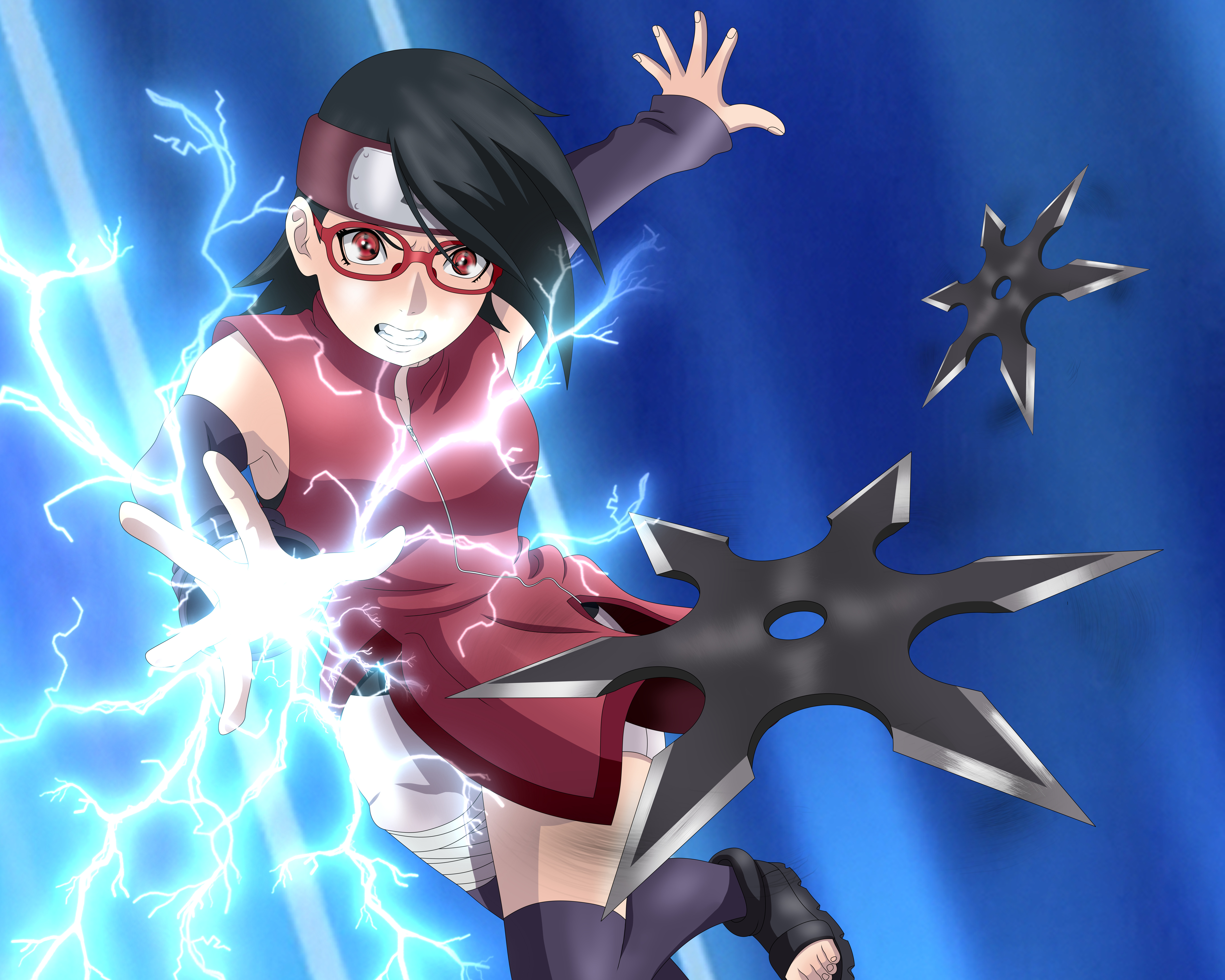 Sarada Uchiha, Uchiha Clan, Shuriken throw, Lightning chakra, Blue glow, 4K Desktop wallpaper