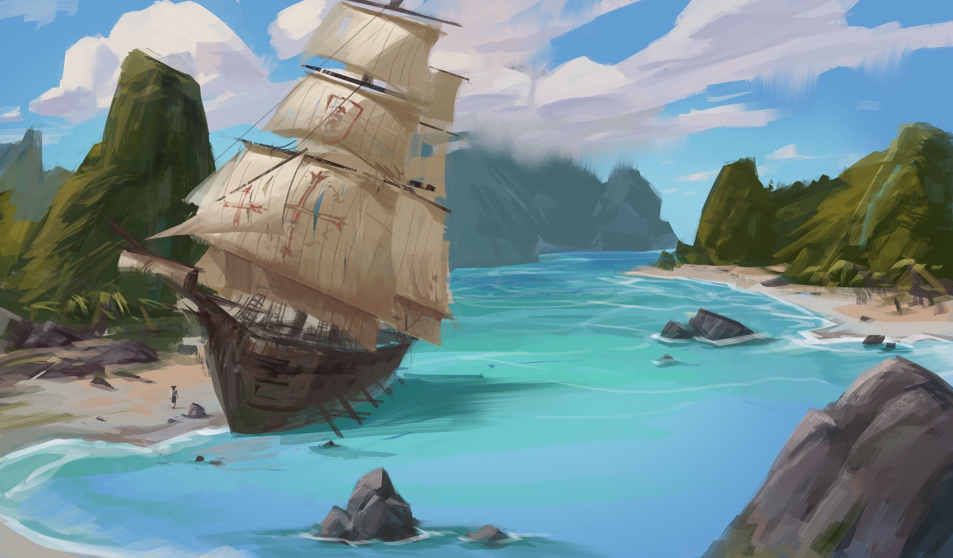 Beached wooden galleon, Tropical cove lagoon, Green coastal cliffs, HD Desktop wallpaper
