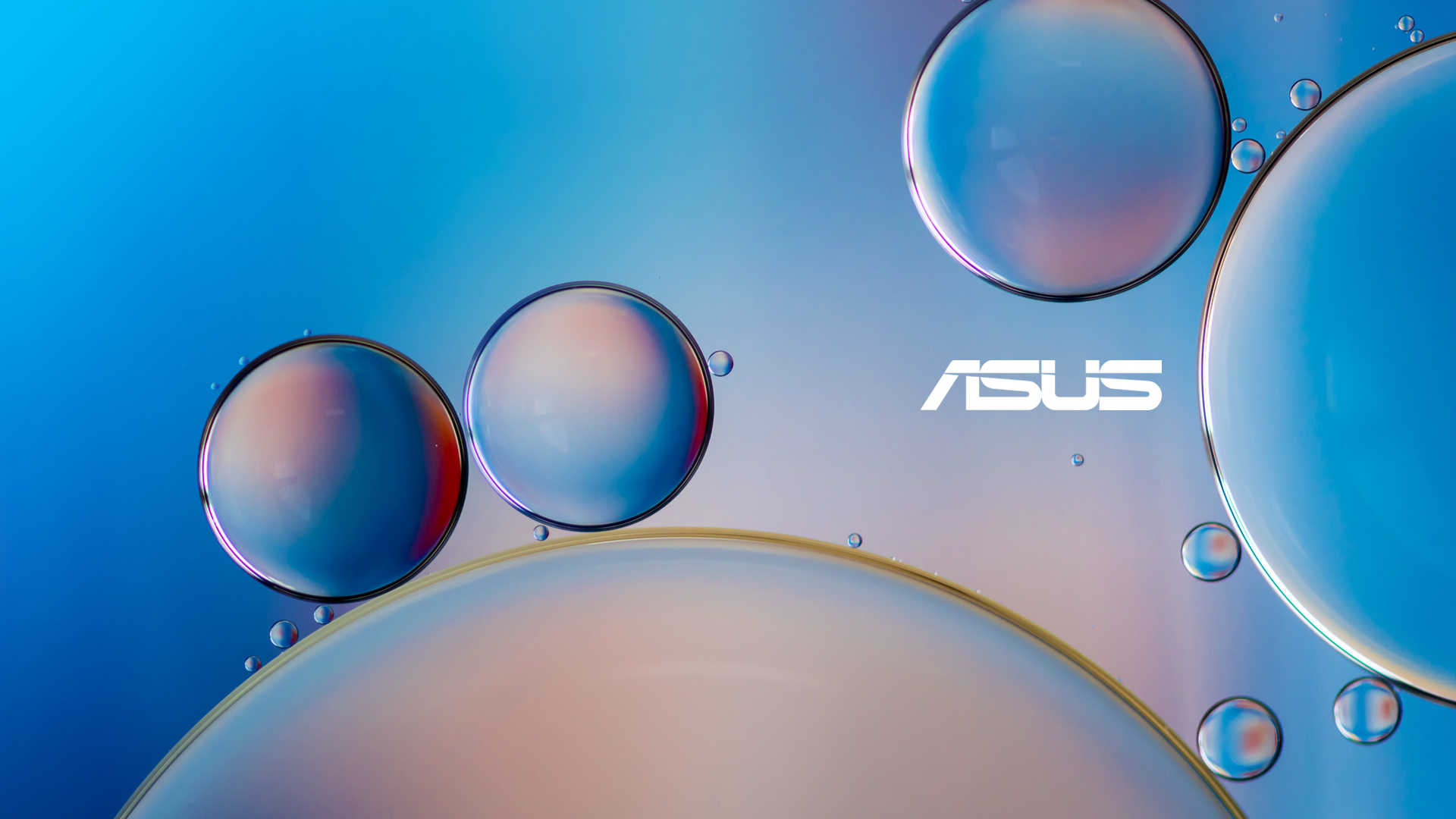 white ASUS logo, macro oil water bubbles, blue gradient lighting, Full HD Desktop wallpaper