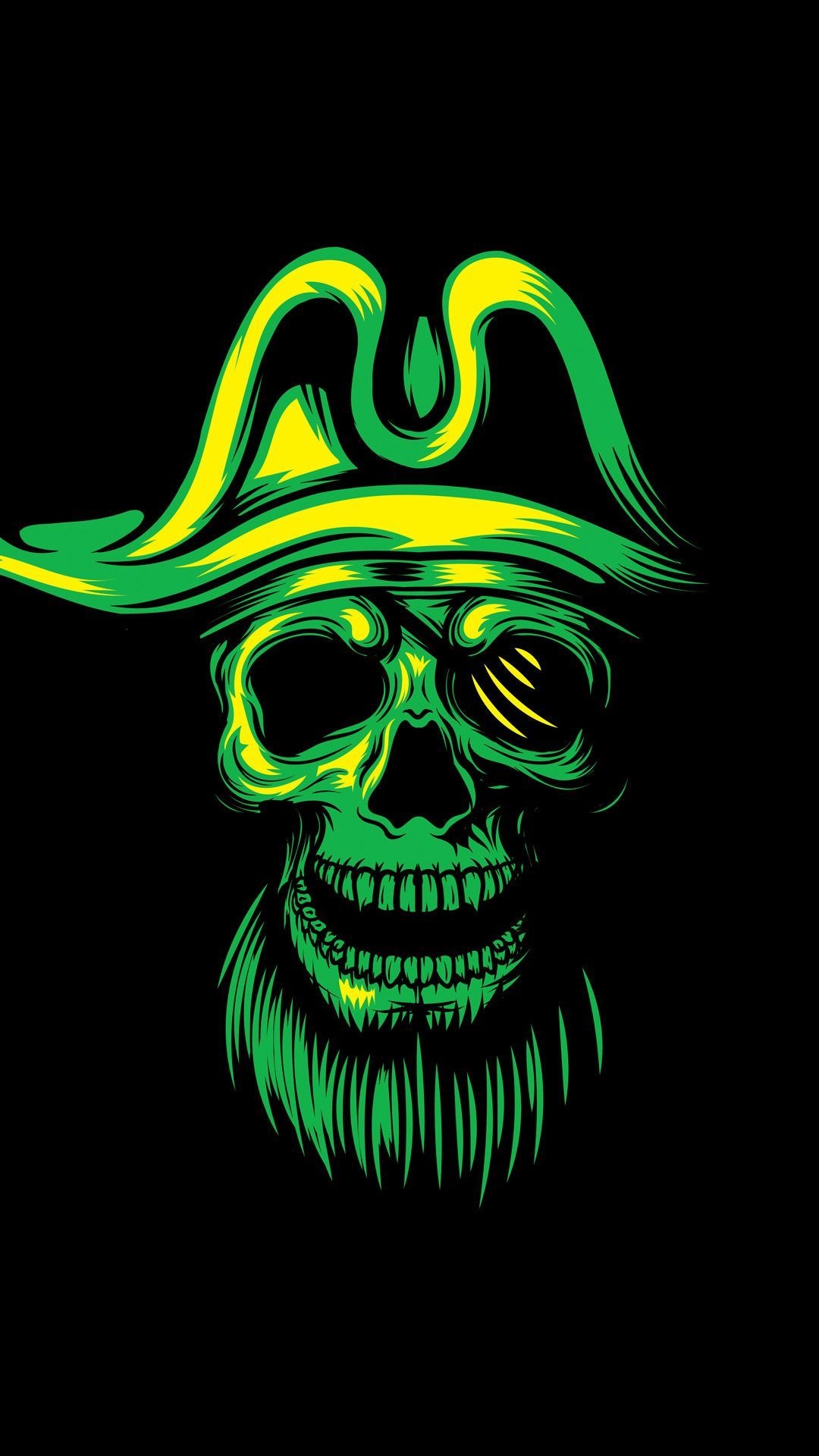 Pirate skull tricorn hat, Green and yellow duotone, Bearded jaw linework, Full HD Phone wallpaper