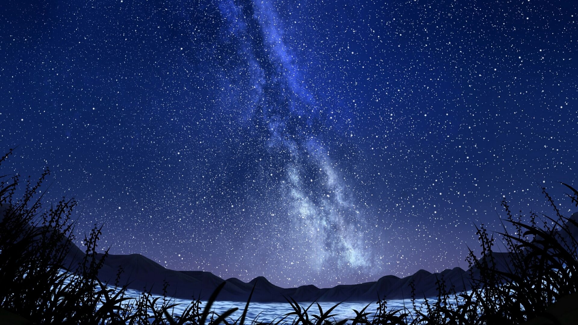 Milky Way galaxy, silhouetted foreground grass, distant mountain lake, Full HD Desktop wallpaper