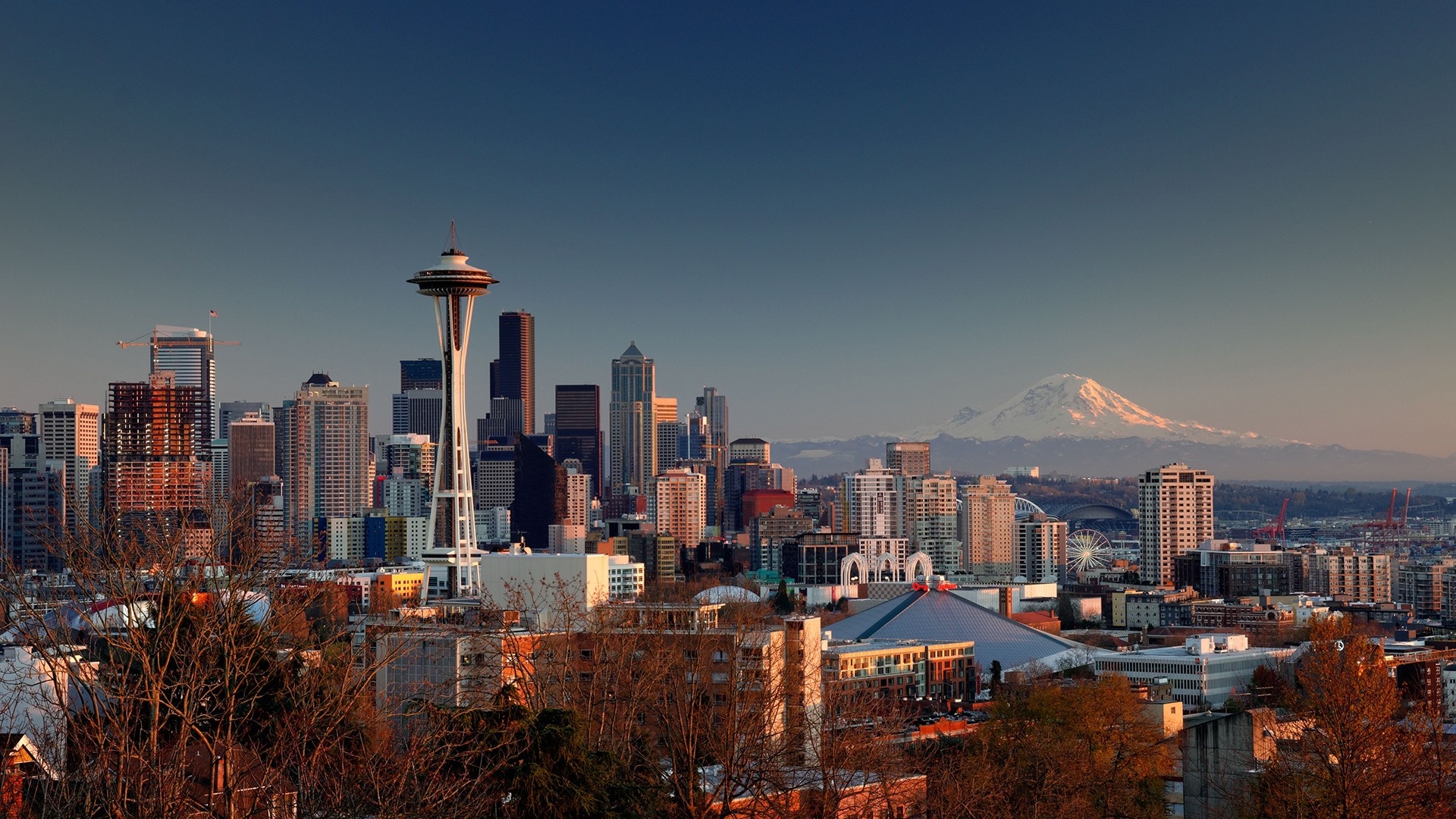 Space Needle, Cityscape, Skyscraper, Snowy mountain, 1920x1080 Full HD Desktop