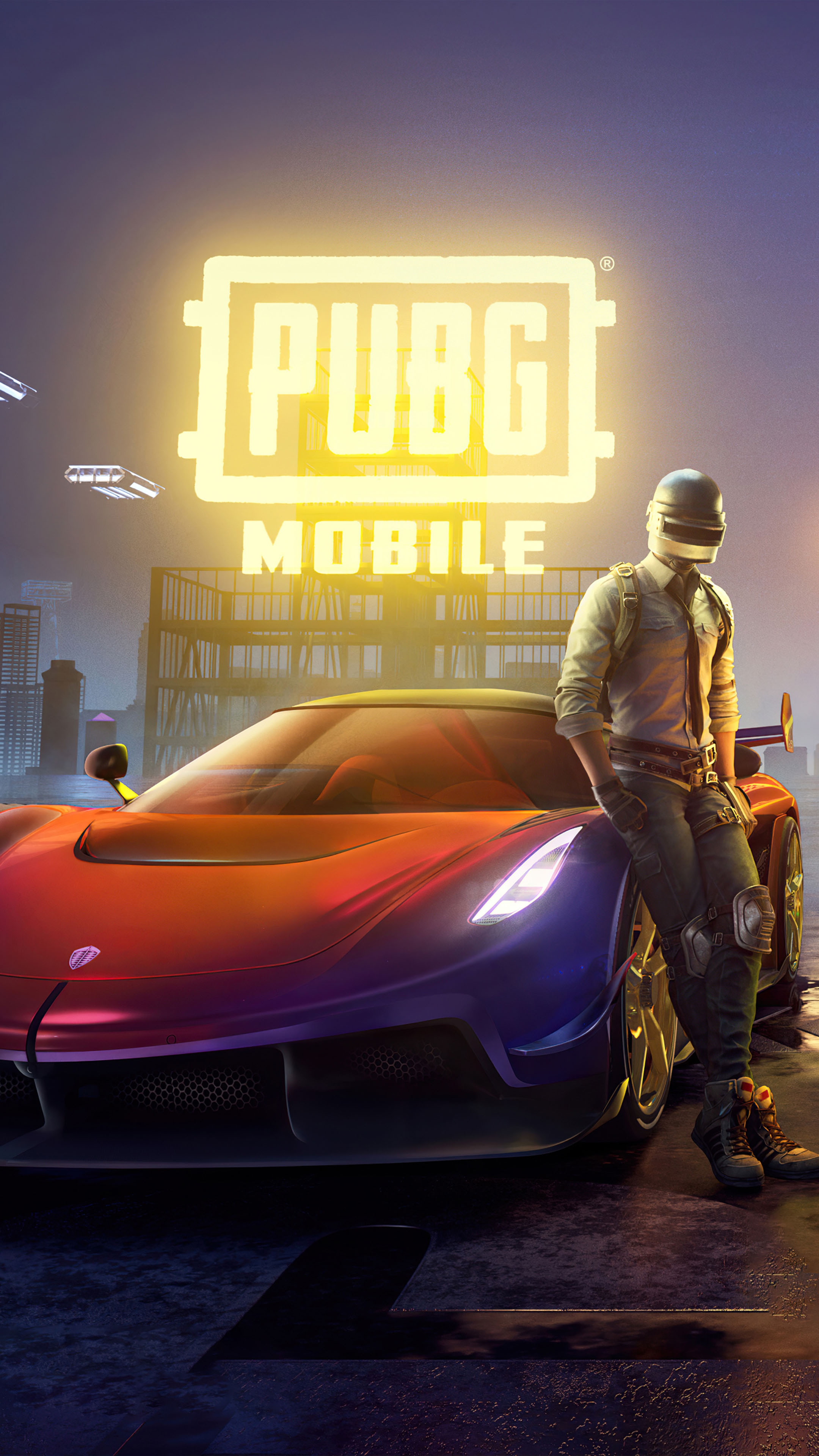 Koenigsegg Jesko, PUBG Mobile Lone Survivor, PUBG MOBILE neon logo, 4K Phone wallpaper