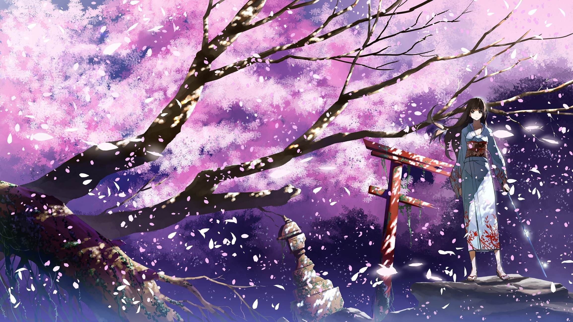 Anime girl in yukata, Blooming cherry blossom tree, Red Torii gate, HD Desktop wallpaper