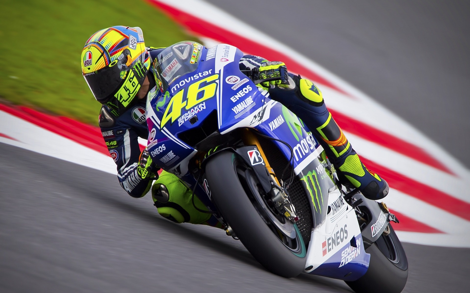 Valentino Rossi number 46, Movistar Yamaha YZR-M1, MotoGP corner exit kerb, HD Desktop wallpaper