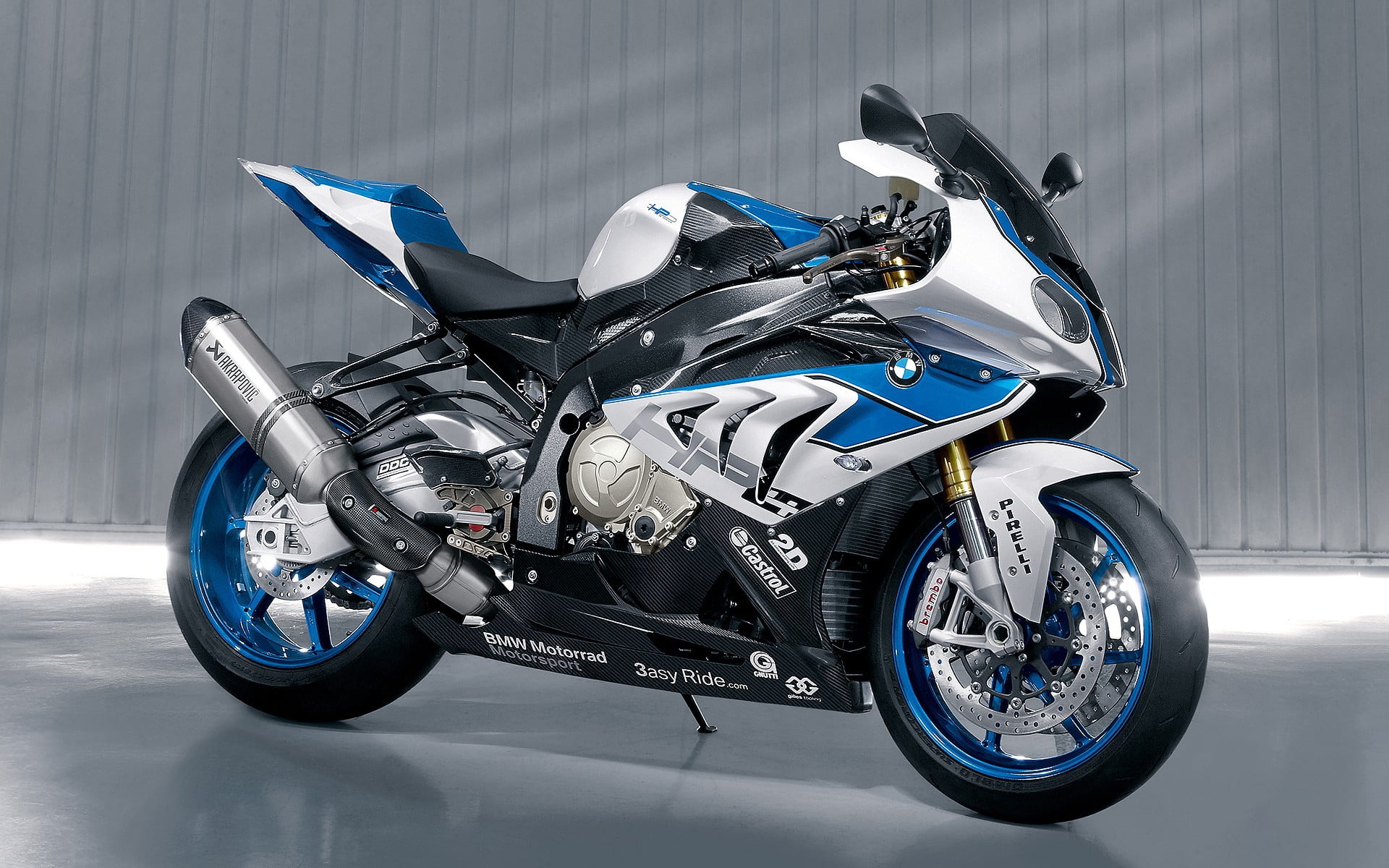 BMW S 1000 RR, Blue and white, Sports bike, Akrapovic exhaust, 1920x1200 HD Desktop