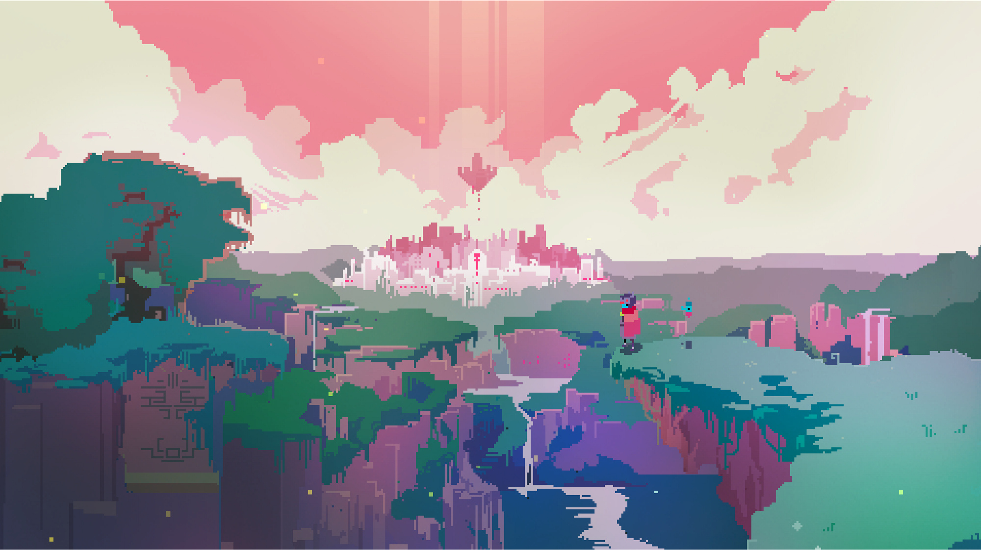 Hyper Light Drifter, The Drifter, distant pixel art city, HD Desktop wallpaper