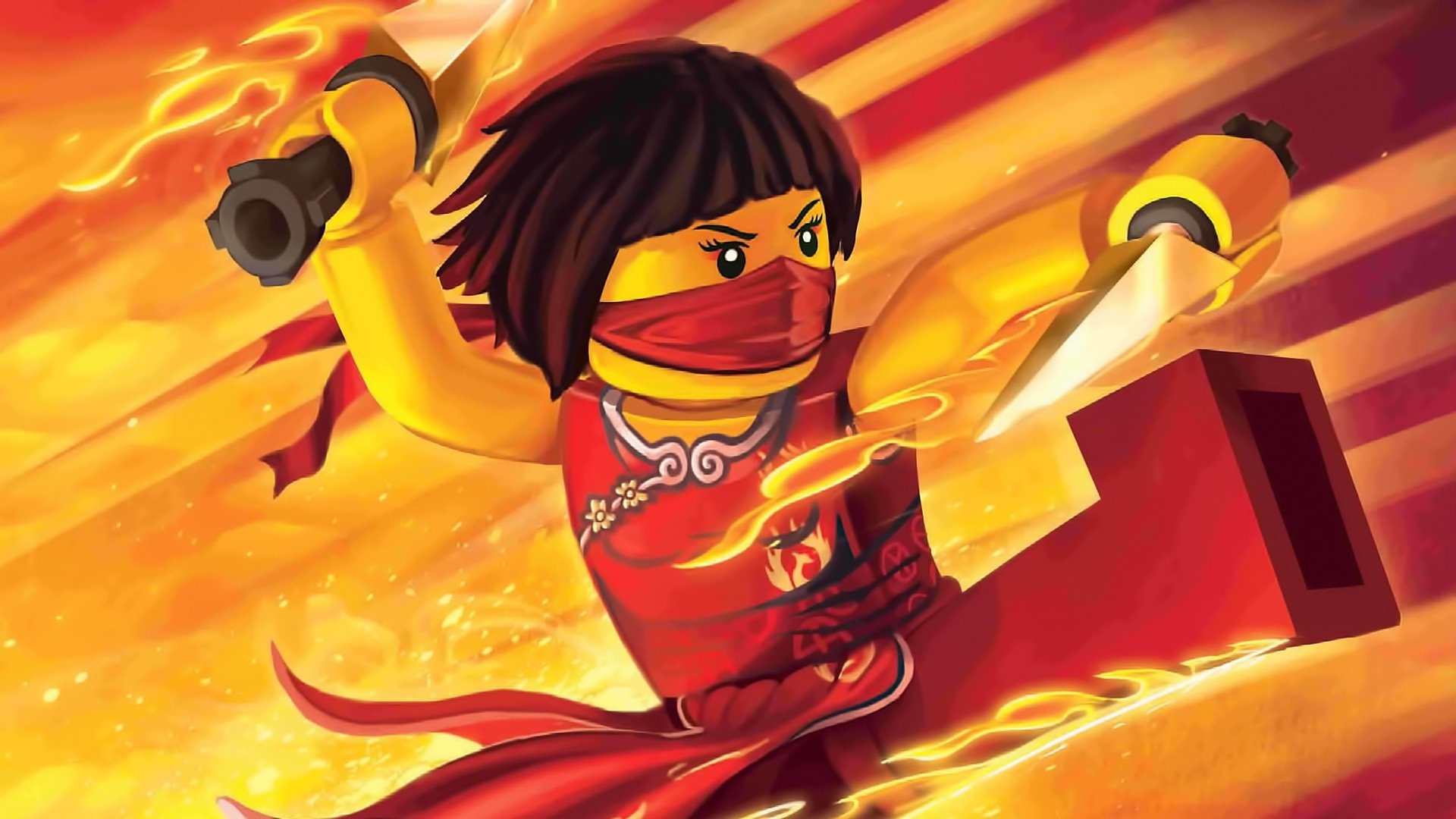 Nya in red kimono, Golden dagger and nunchuck, Ninjago fire vortex, Full HD Desktop wallpaper