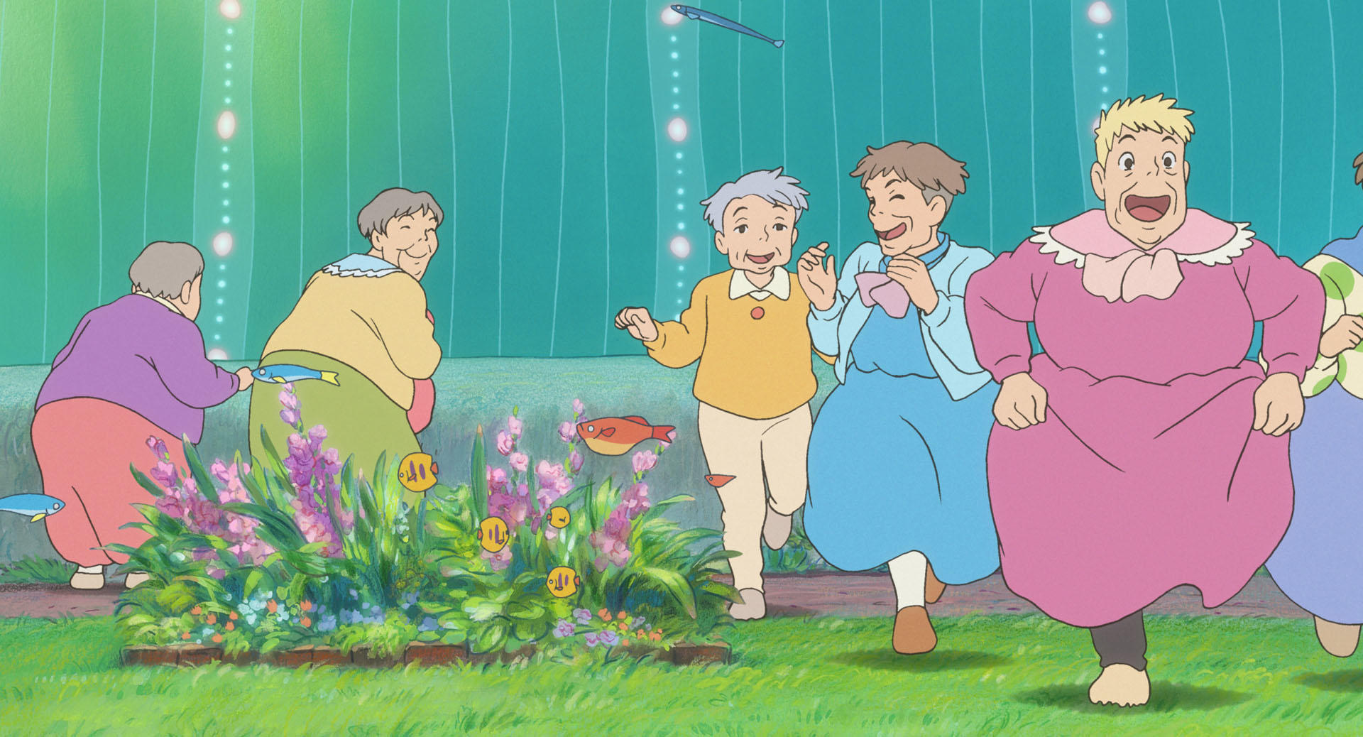 Toki, Yoshie, Kayo, Himawari House, Elderly women running underwater, Flowering sea garden, HD Desktop wallpaper
