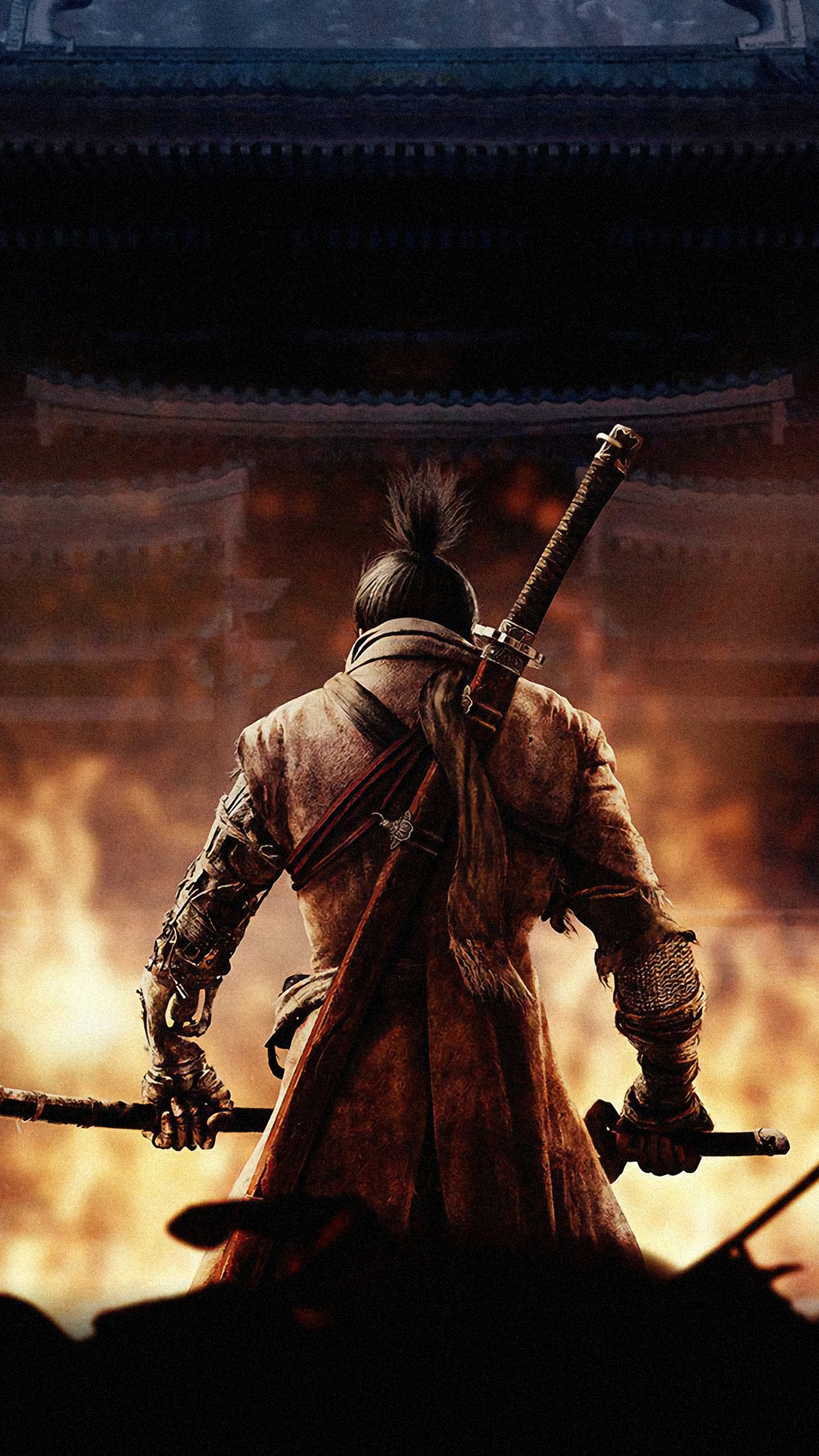 Wolf (Sekiro), Shinobi Prosthetic, burning Japanese temple, 4K Phone wallpaper