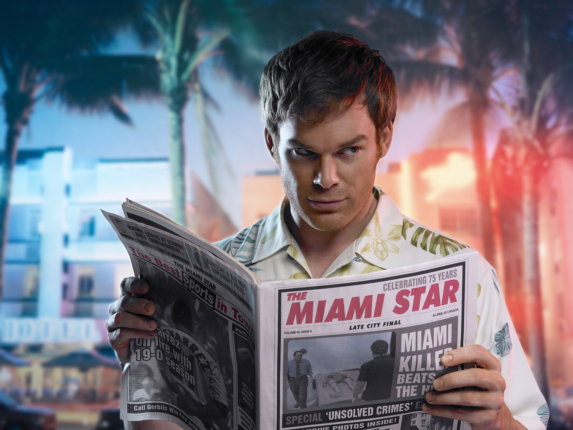 Dexter Morgan, The Miami Star newspaper, Miami palm trees background, HD Desktop wallpaper