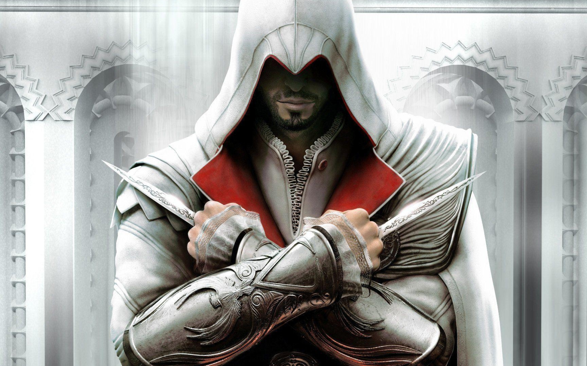 Ezio Auditore da Firenze, Dual Hidden Blades, White Assassin hood, HD Desktop wallpaper